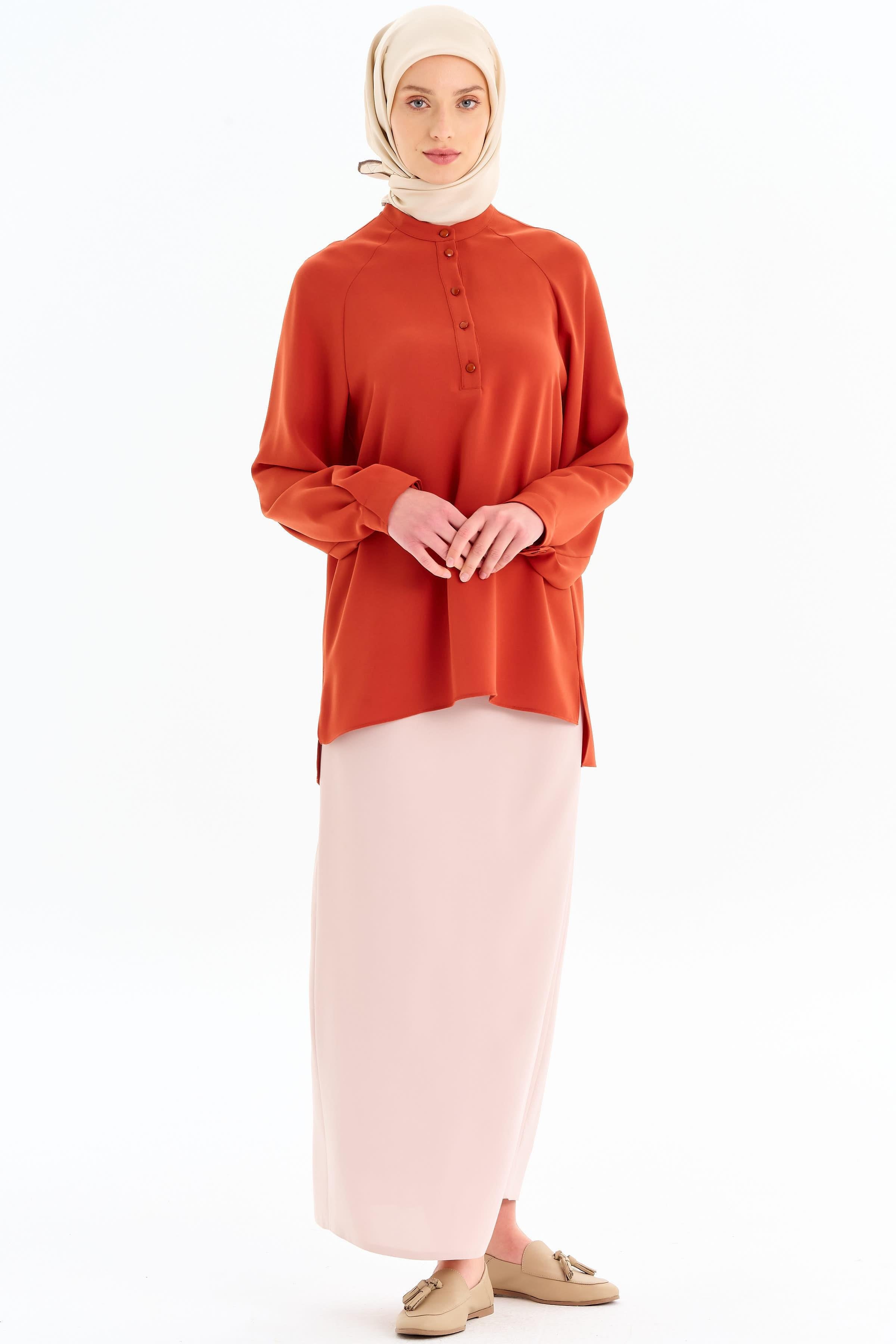 Kolu Pile Detaylı Bluz - Kiremit TUGBA