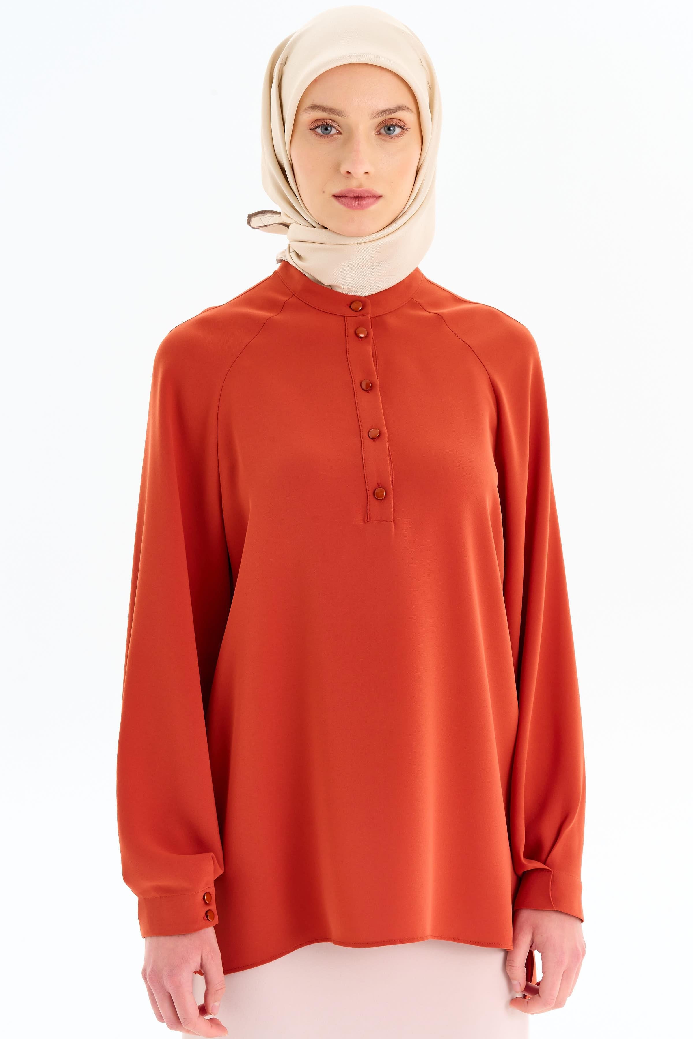 Kolu Pile Detaylı Bluz - Kiremit TUGBA