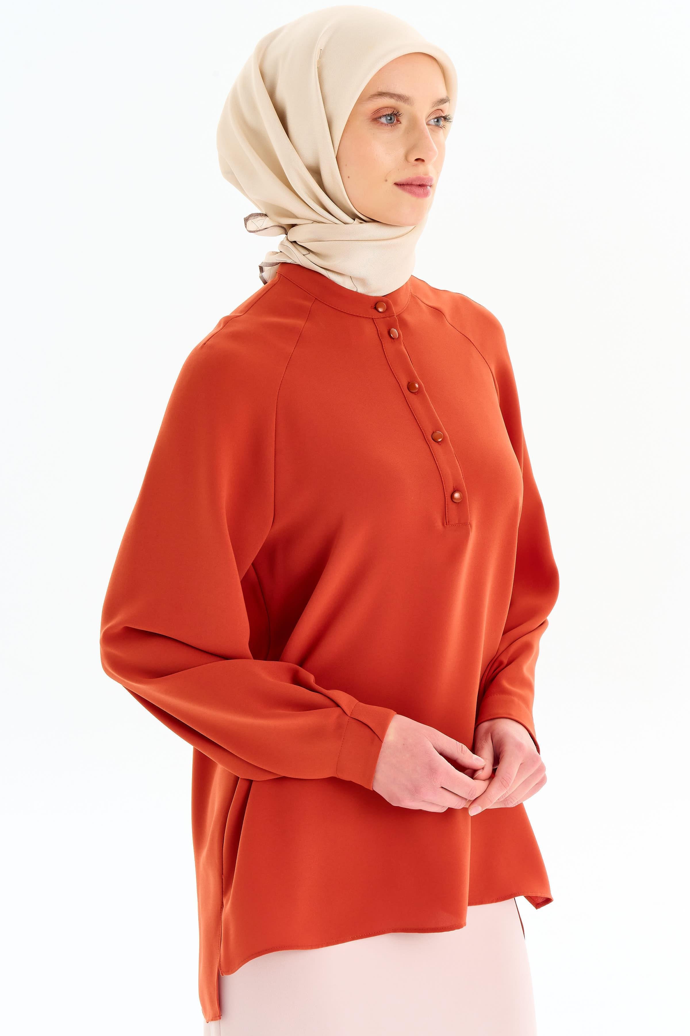 Kolu Pile Detaylı Bluz - Kiremit TUGBA