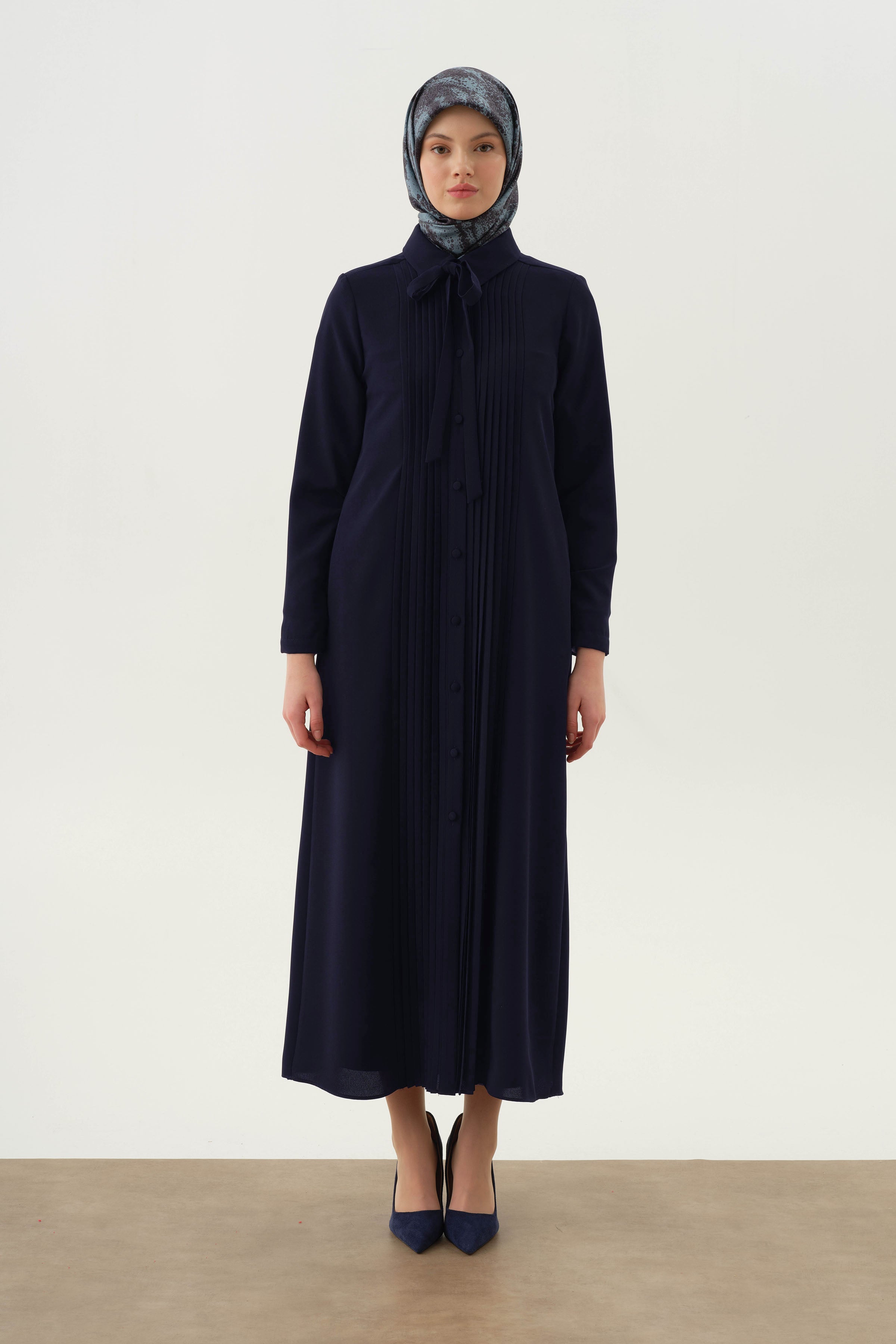 Kravat Yaka Piliseli Pardesü - Lacivert TUGBA