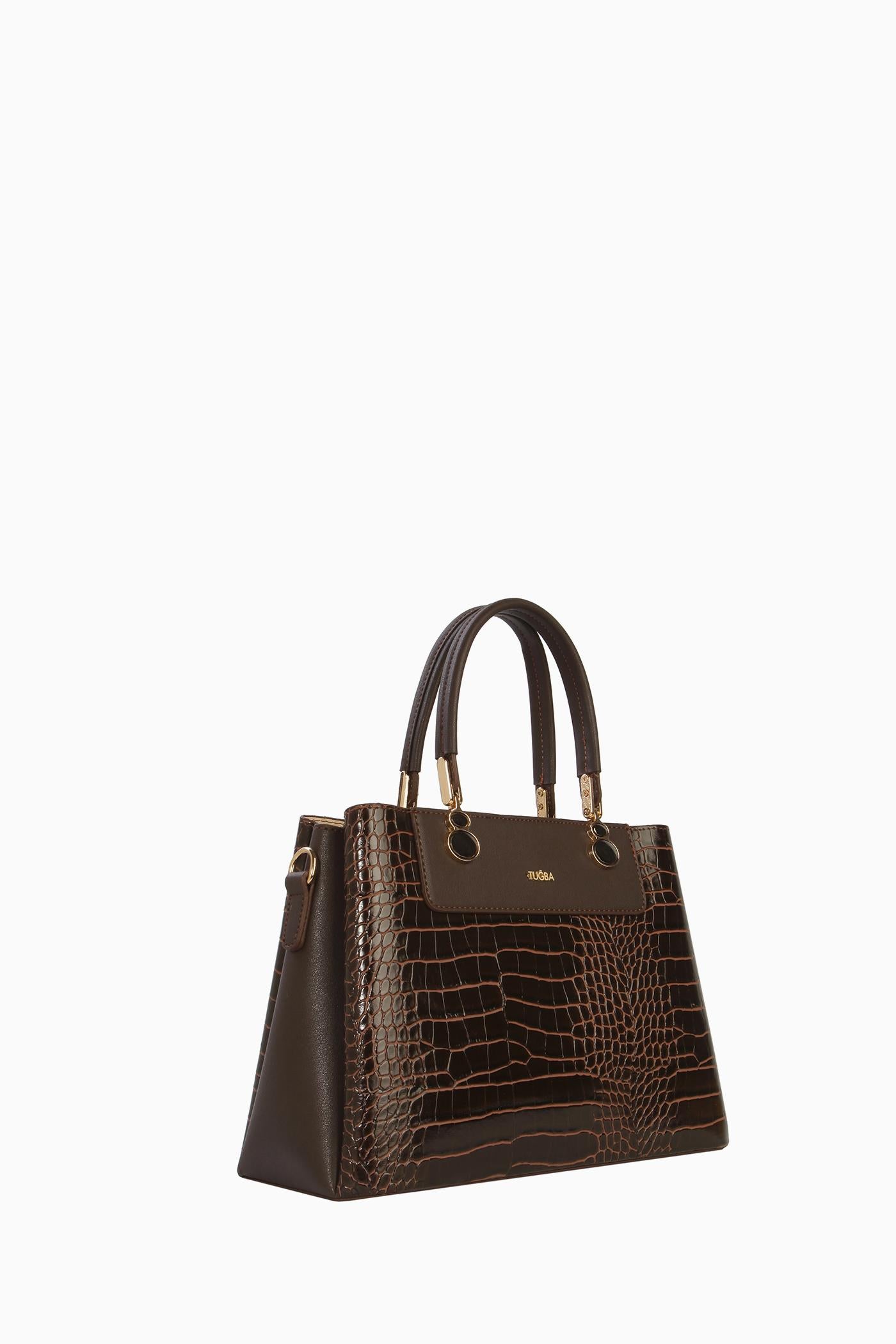 Krokodil Çift Kulplu Çanta - Kahve TUGBA