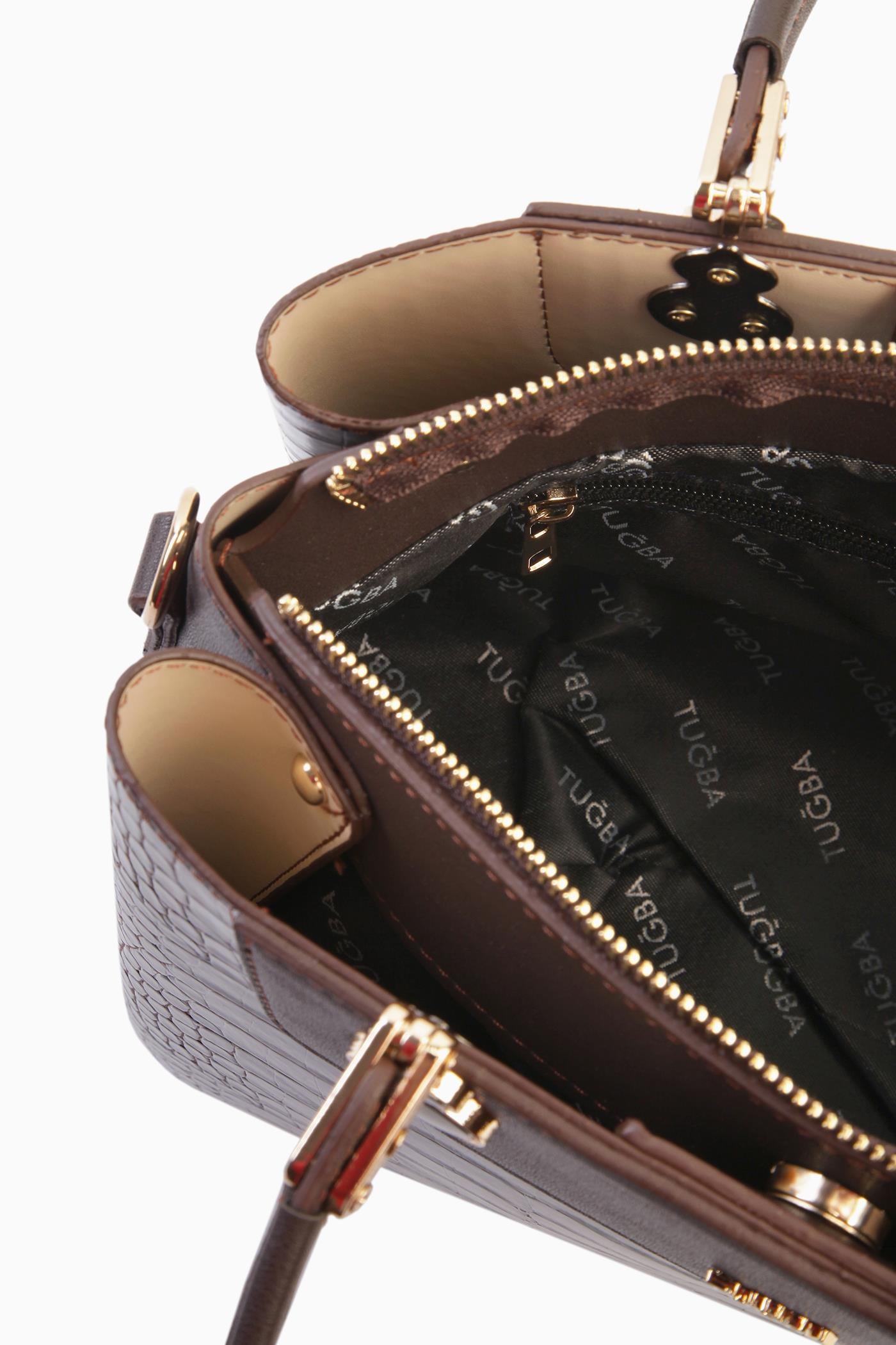 Krokodil Çift Kulplu Çanta - Kahve TUGBA