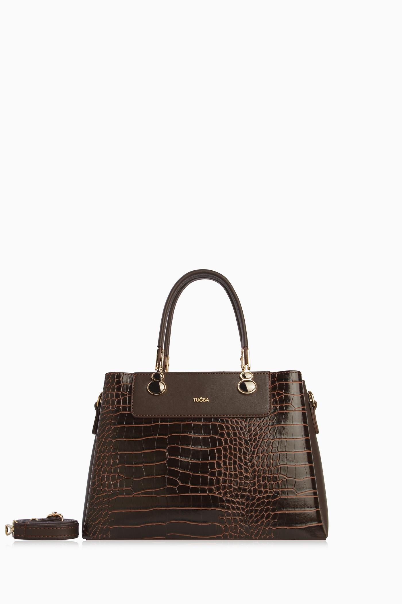 Krokodil Çift Kulplu Çanta - Kahve TUGBA