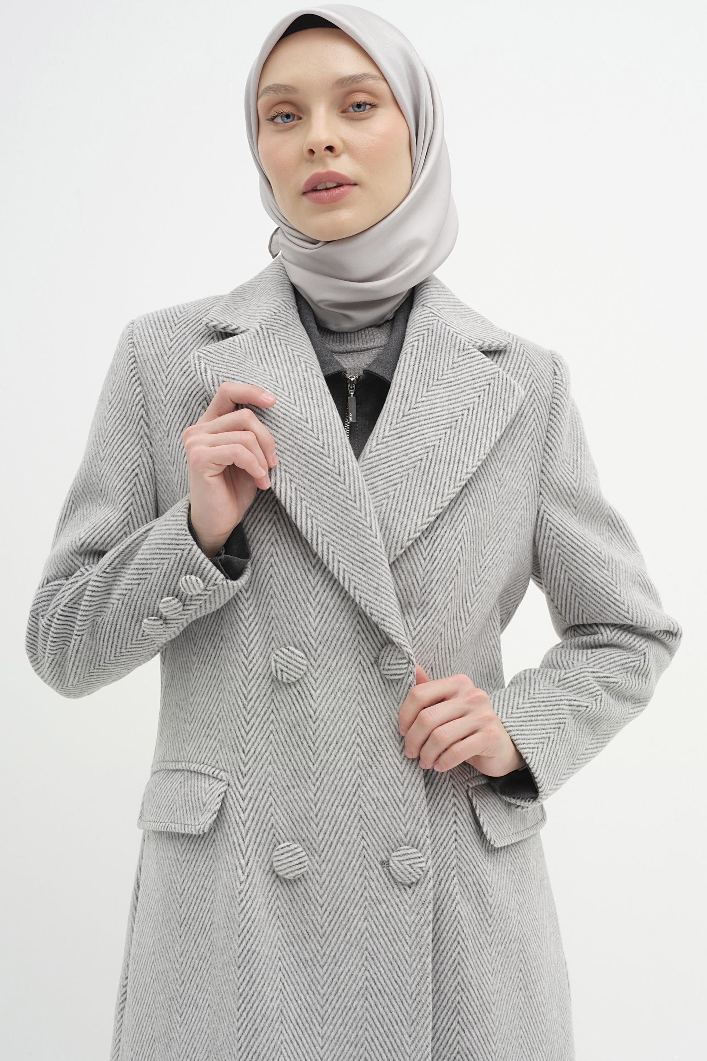 Kruvaze Balıksırtı Desenli Kaban - Gri TUGBA