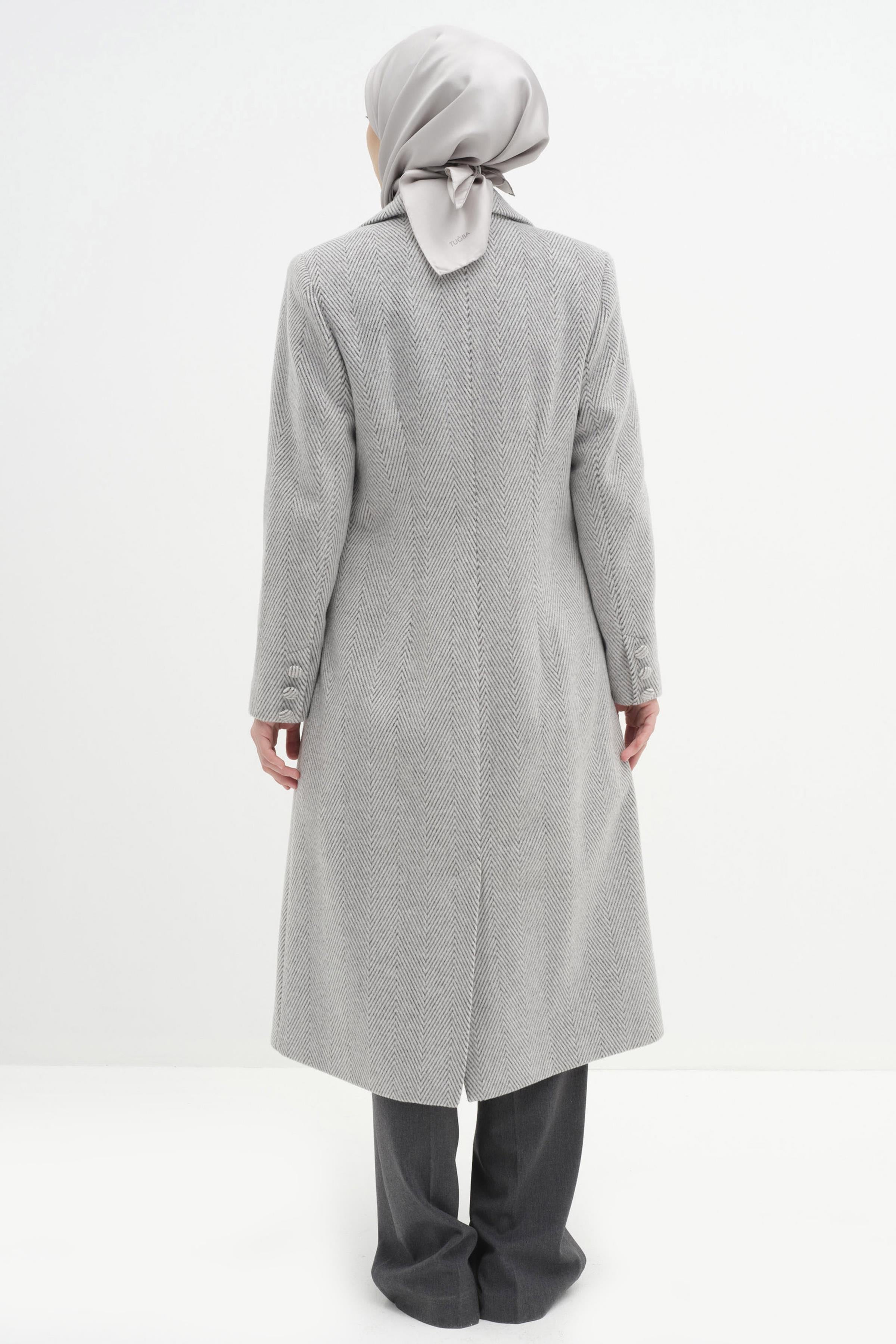 Kruvaze Balıksırtı Desenli Kaban - Gri TUGBA