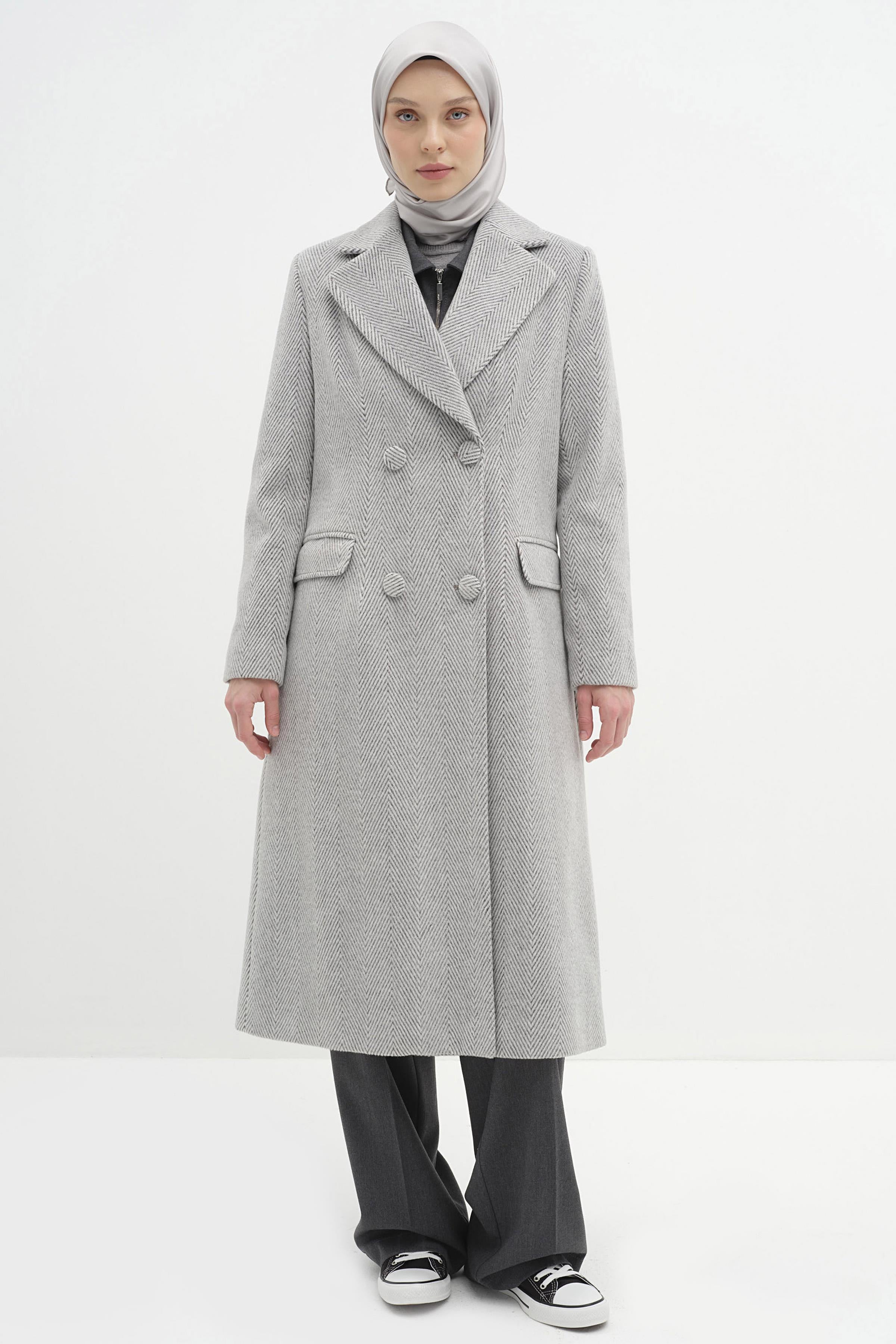 Kruvaze Balıksırtı Desenli Kaban - Gri TUGBA