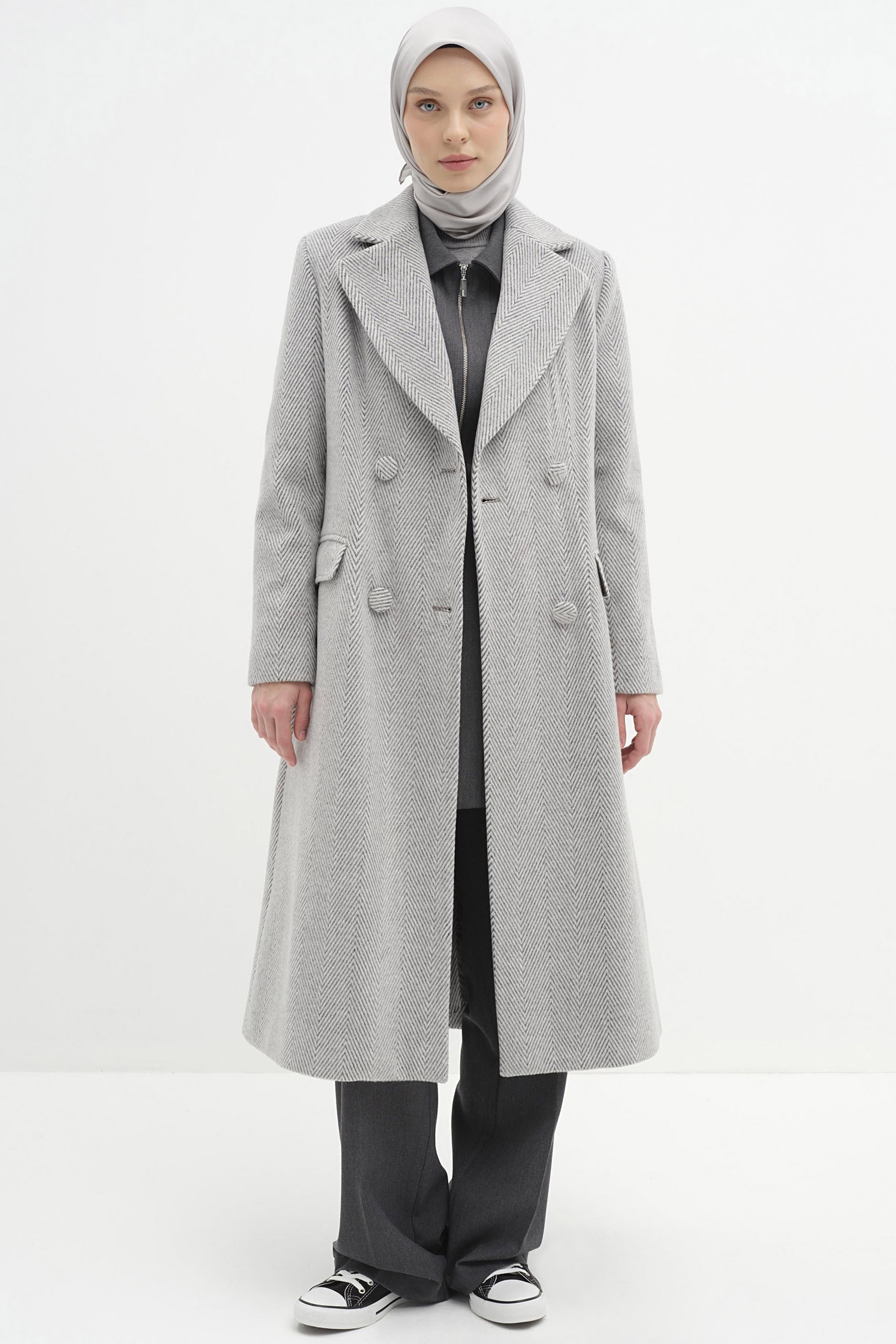 Kruvaze Balıksırtı Desenli Kaban - Gri TUGBA