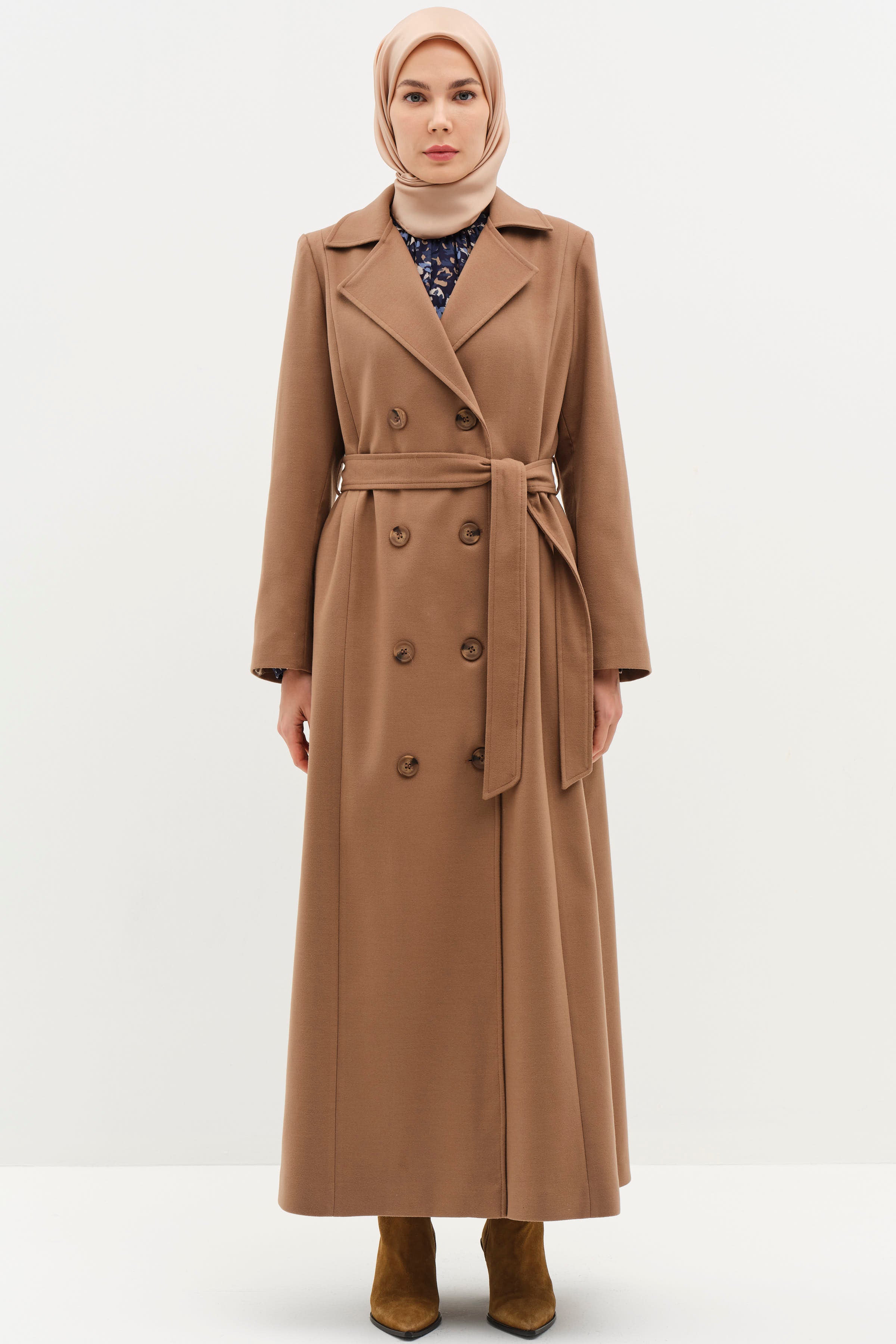 Kruvaze Beli Kuşaklı Manto - Camel TUGBA