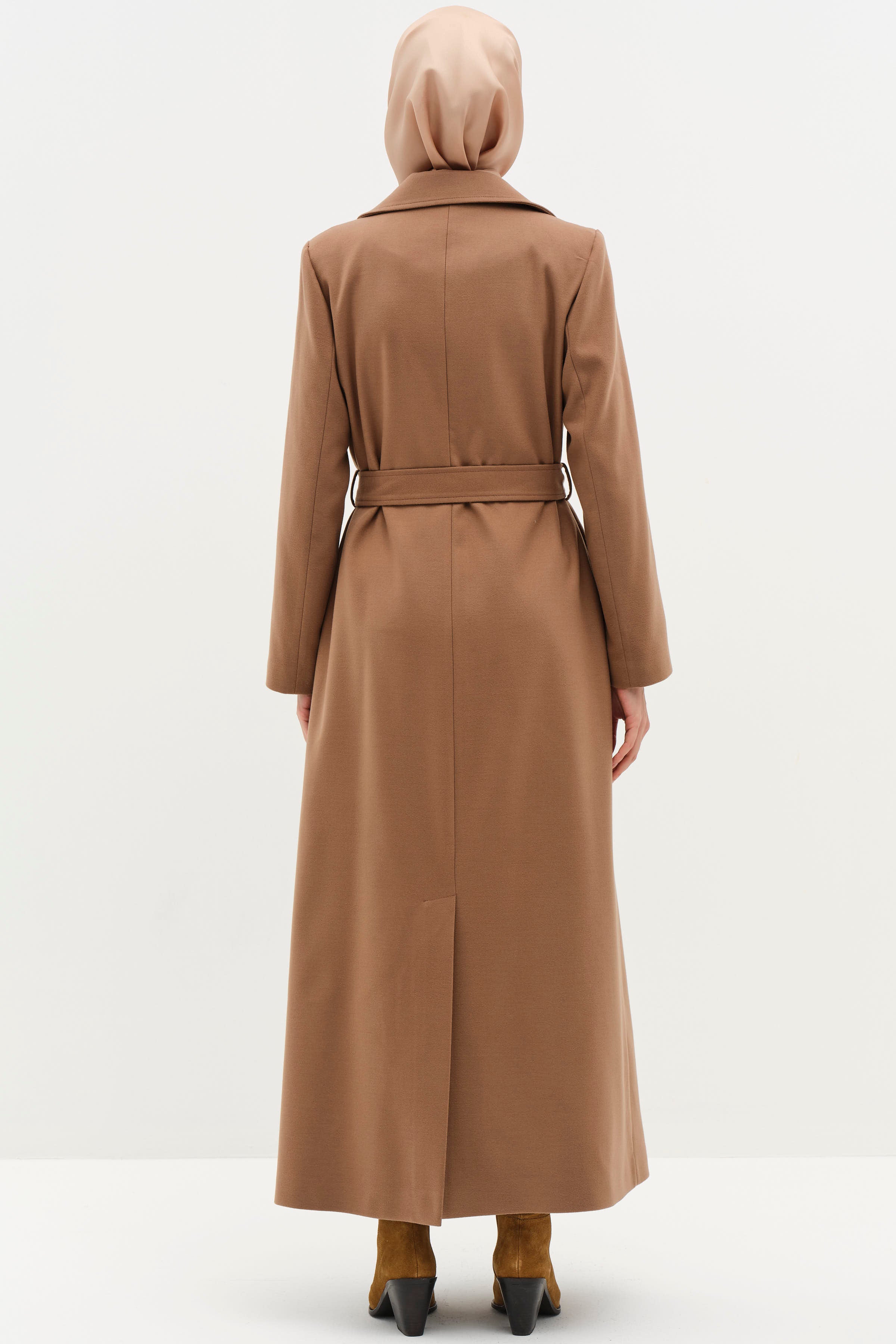Kruvaze Beli Kuşaklı Manto - Camel TUGBA