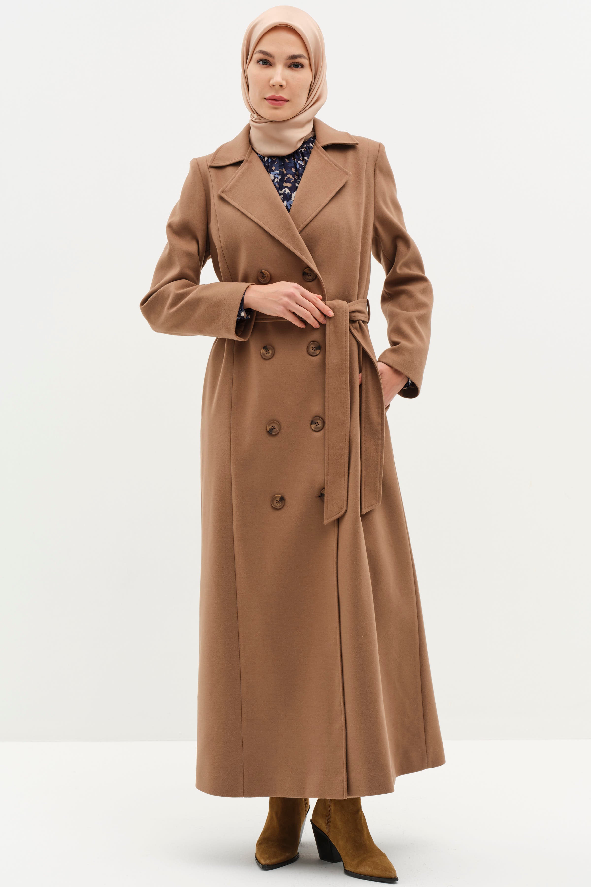 Kruvaze Beli Kuşaklı Manto - Camel TUGBA