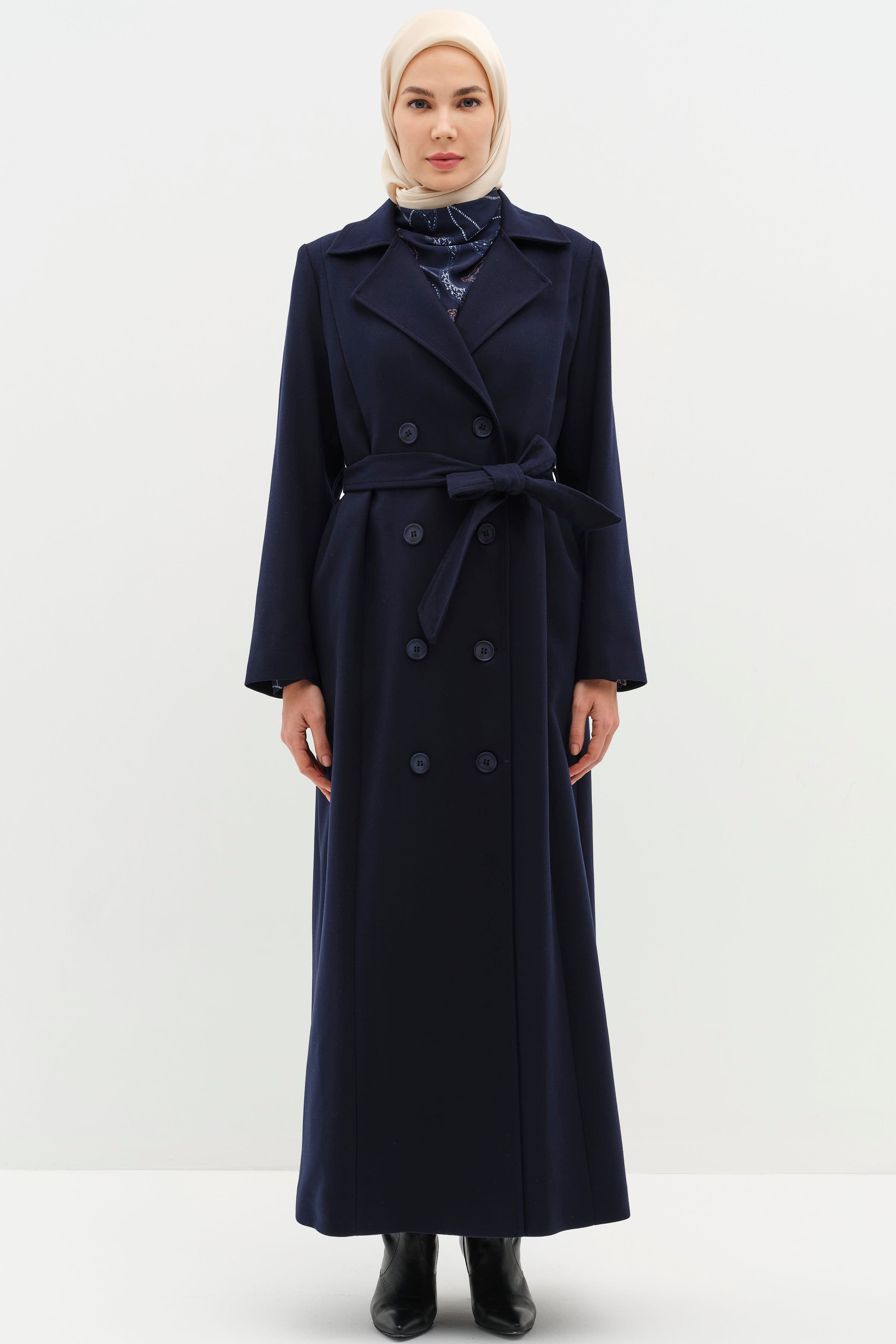 Kruvaze Beli Kuşaklı Manto - Lacivert TUGBA