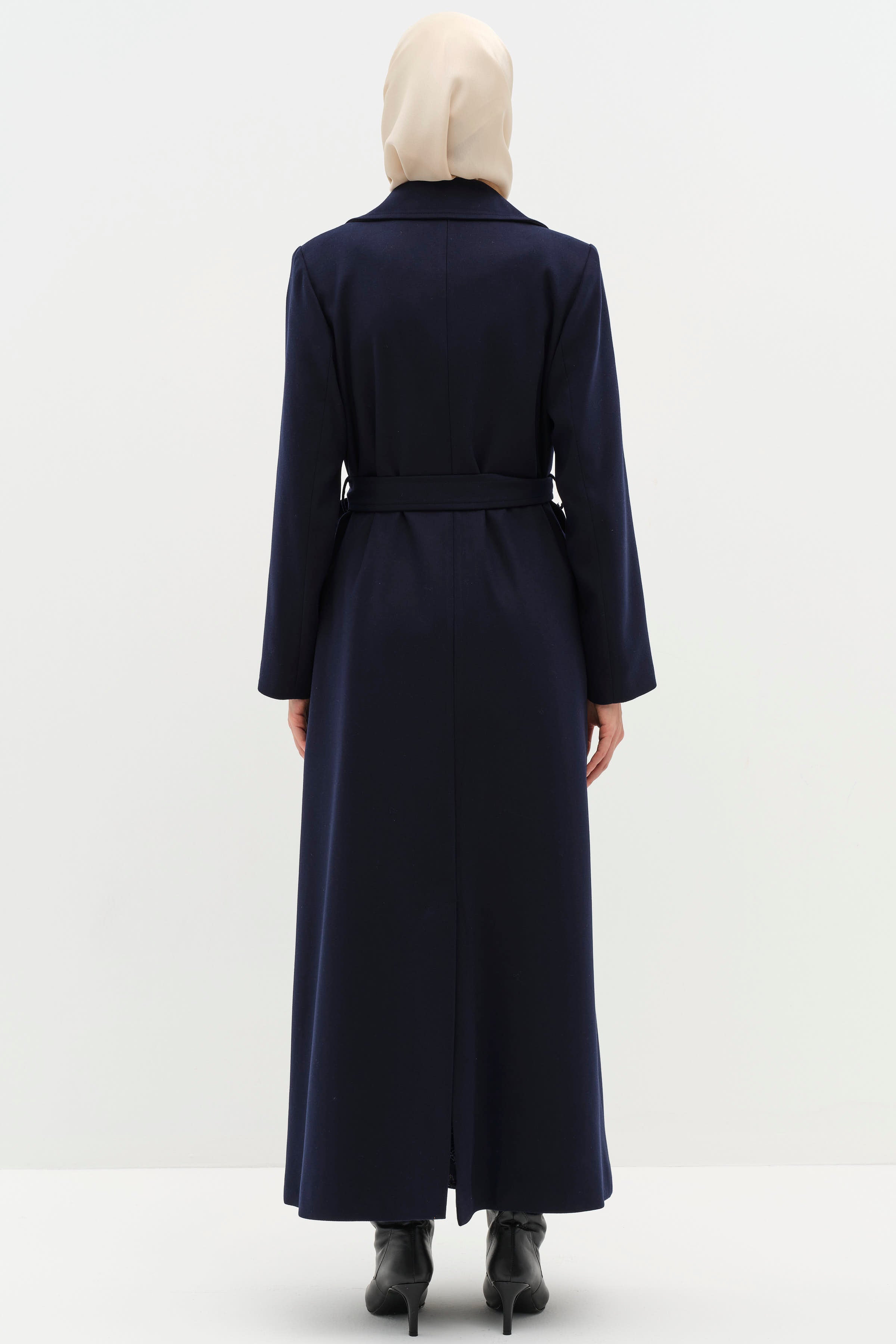 Kruvaze Beli Kuşaklı Manto - Lacivert TUGBA