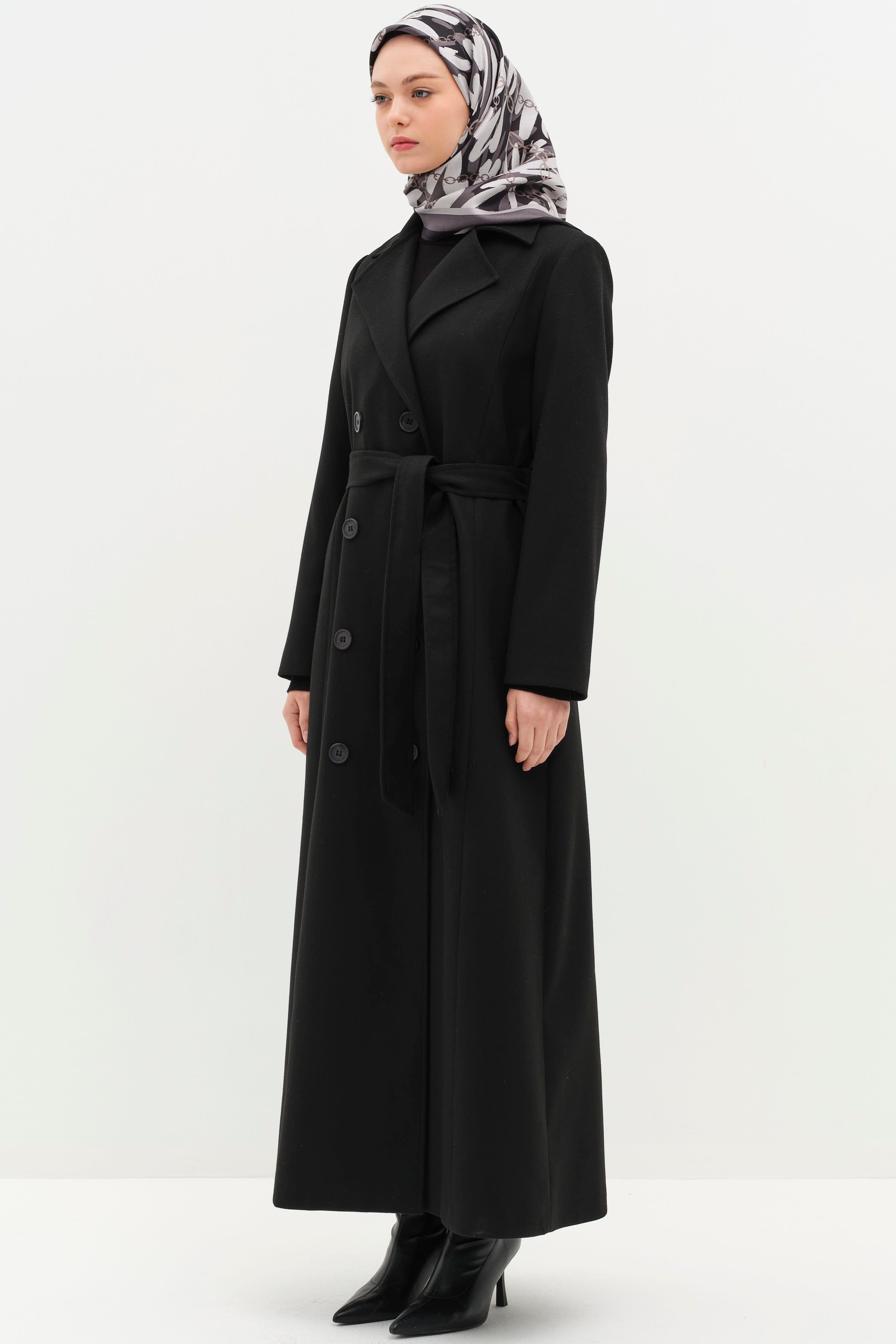 Kruvaze Beli Kuşaklı Manto - Siyah TUGBA