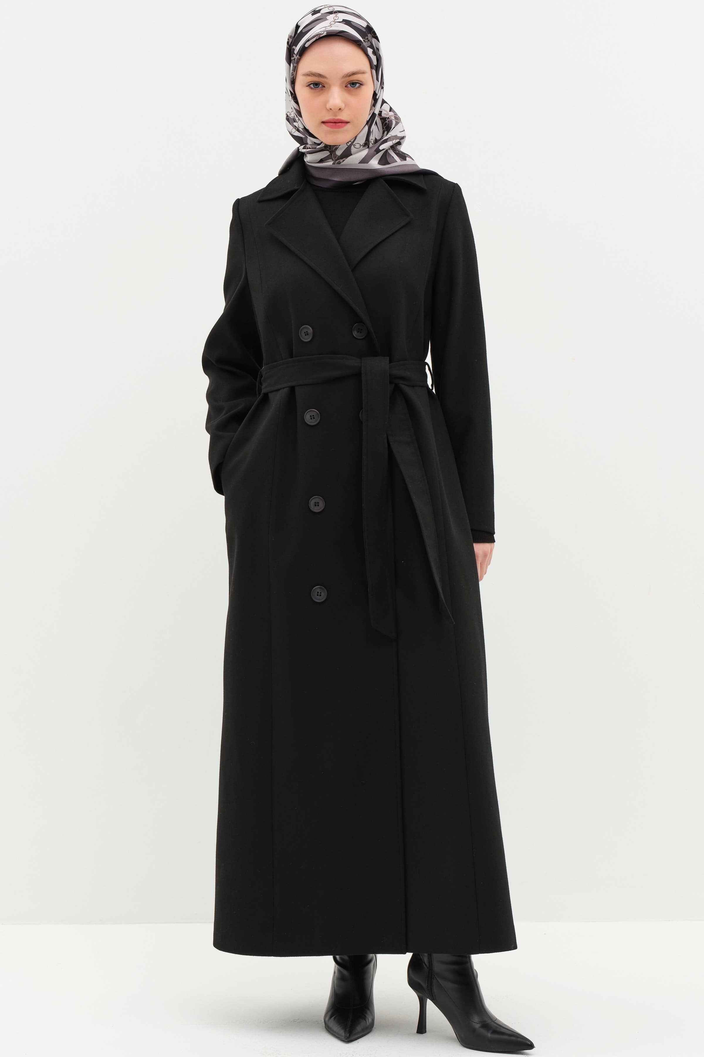 Kruvaze Beli Kuşaklı Manto - Siyah TUGBA