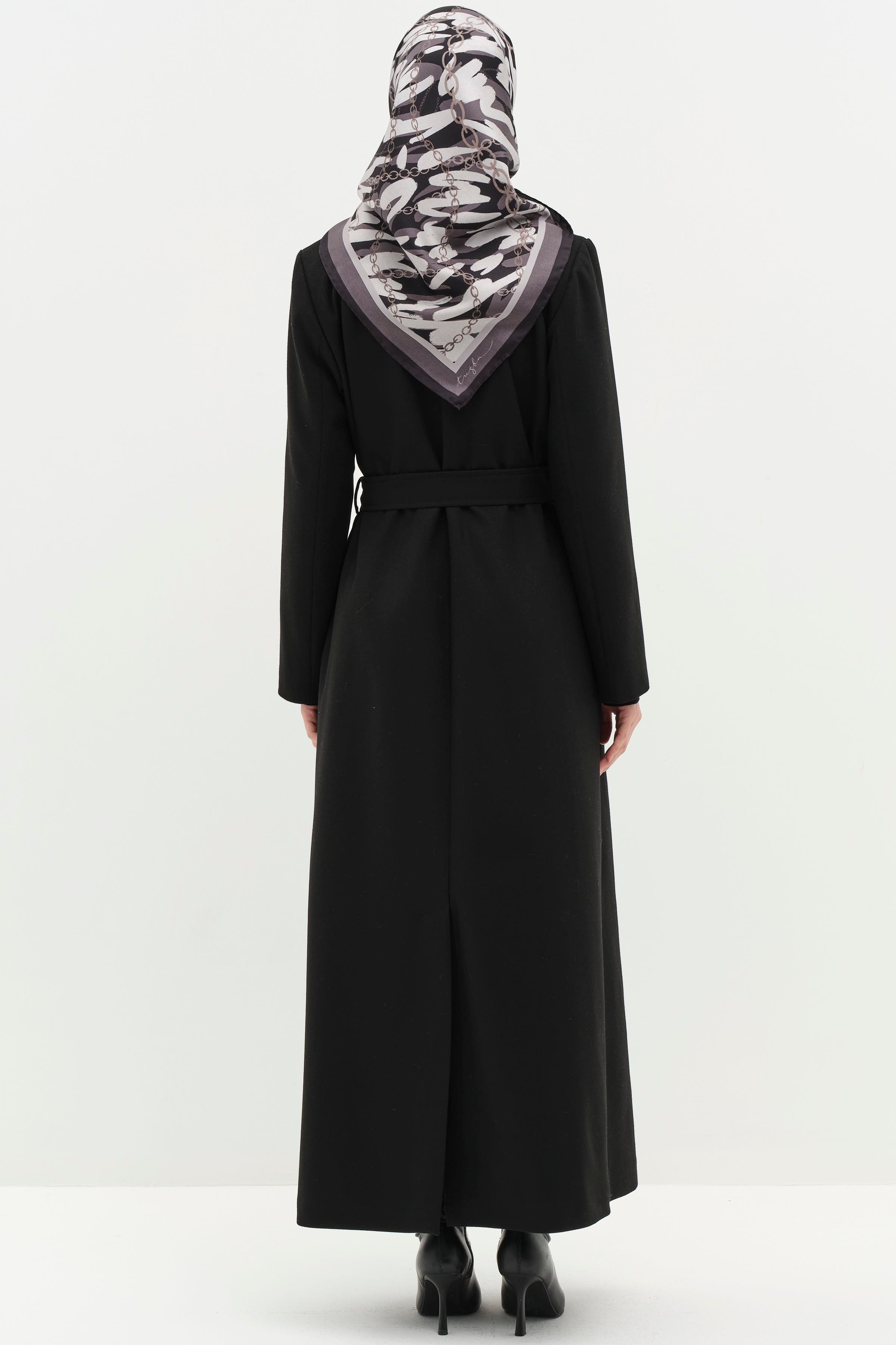 Kruvaze Beli Kuşaklı Manto - Siyah TUGBA