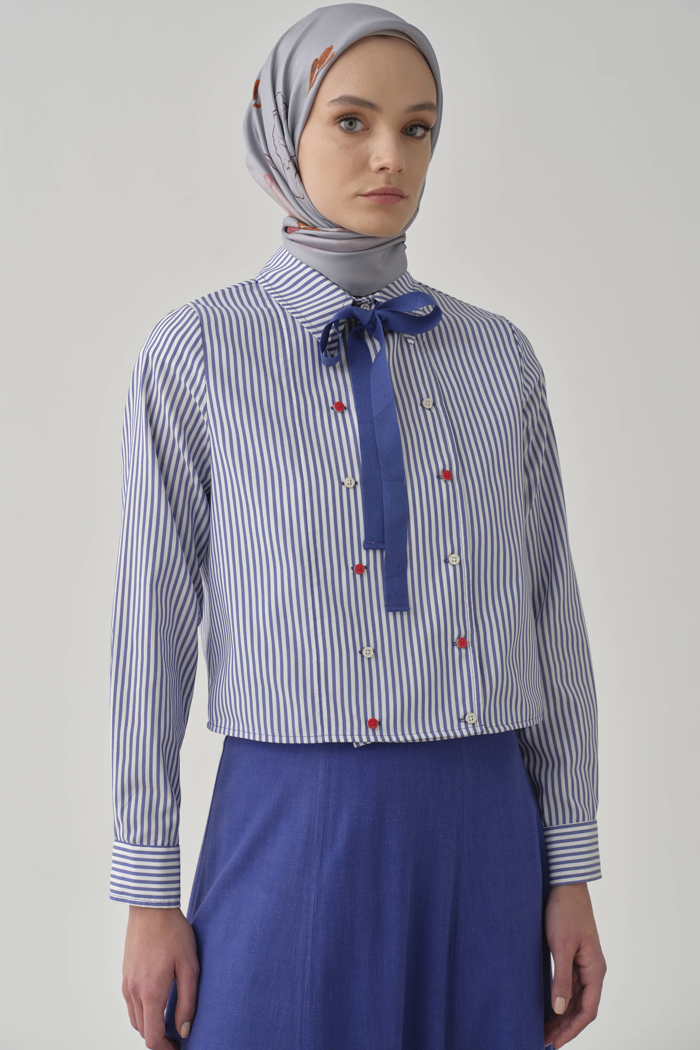 Kruvaze Çizgili Crop Gömlek - İndigo TUGBA