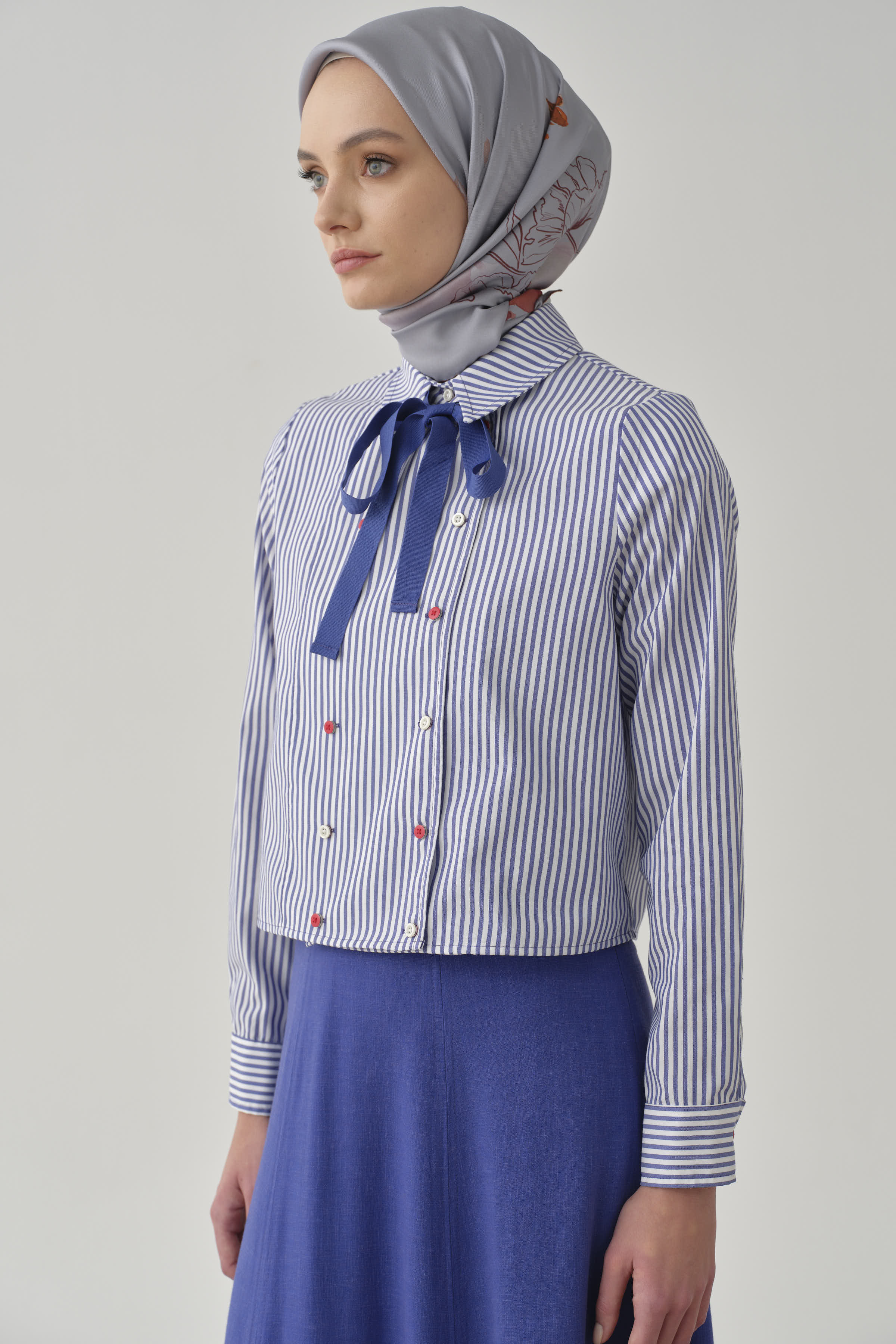 Kruvaze Çizgili Crop Gömlek - İndigo TUGBA