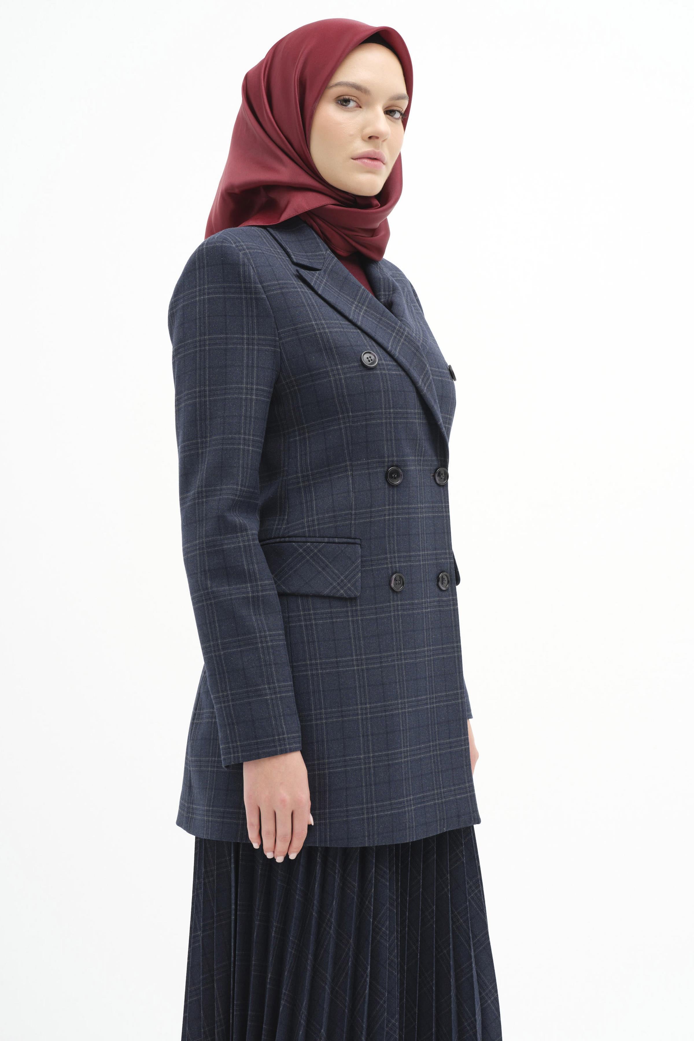 Kruvaze Düğmeli Ekose Ceket - Lacivert TUGBA