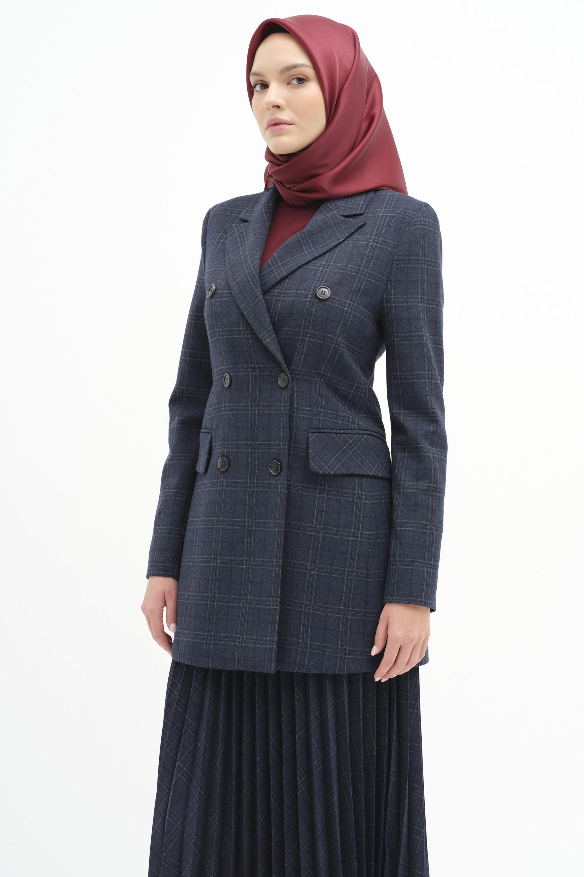 Kruvaze Düğmeli Ekose Ceket - Lacivert TUGBA