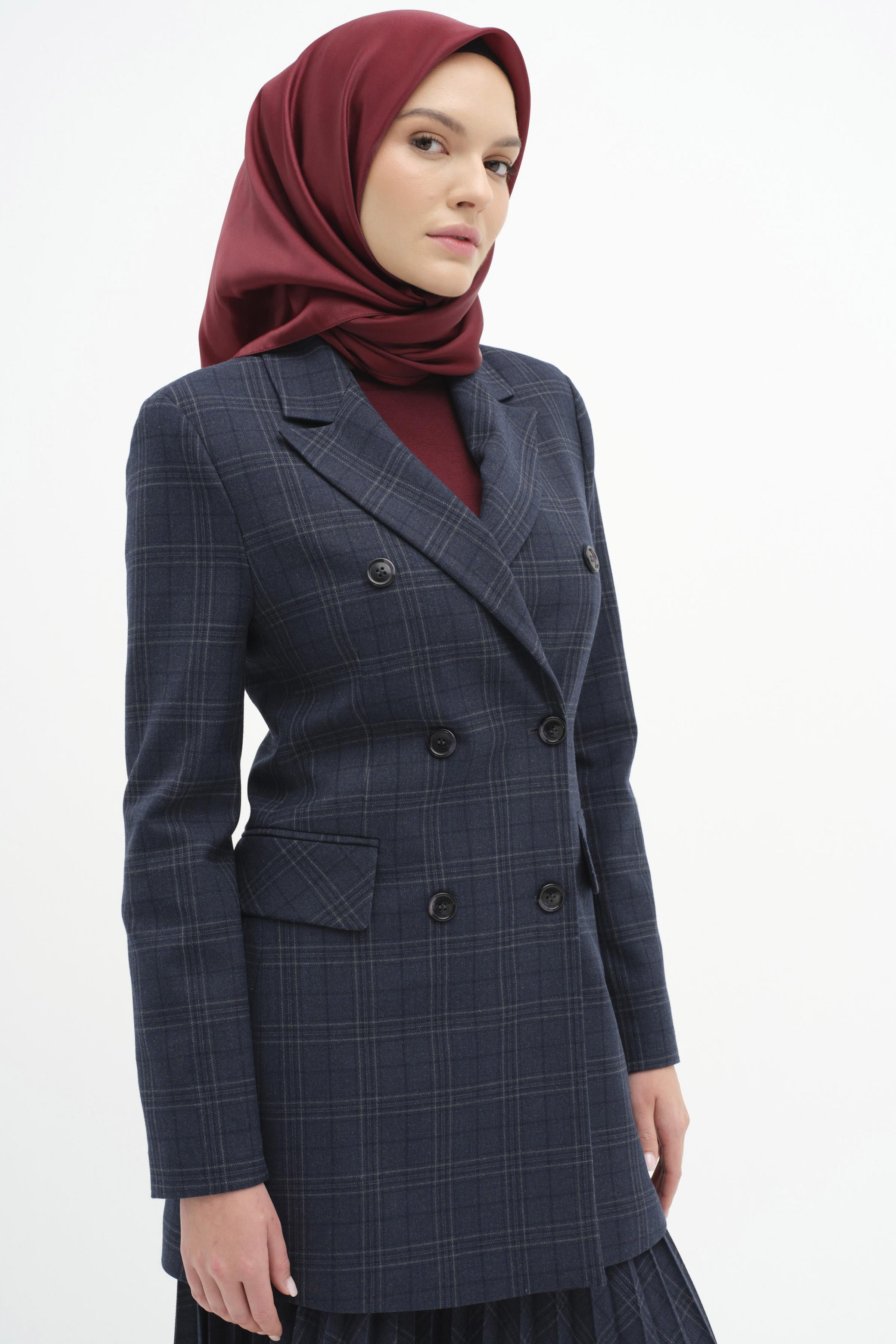 Kruvaze Düğmeli Ekose Ceket - Lacivert TUGBA
