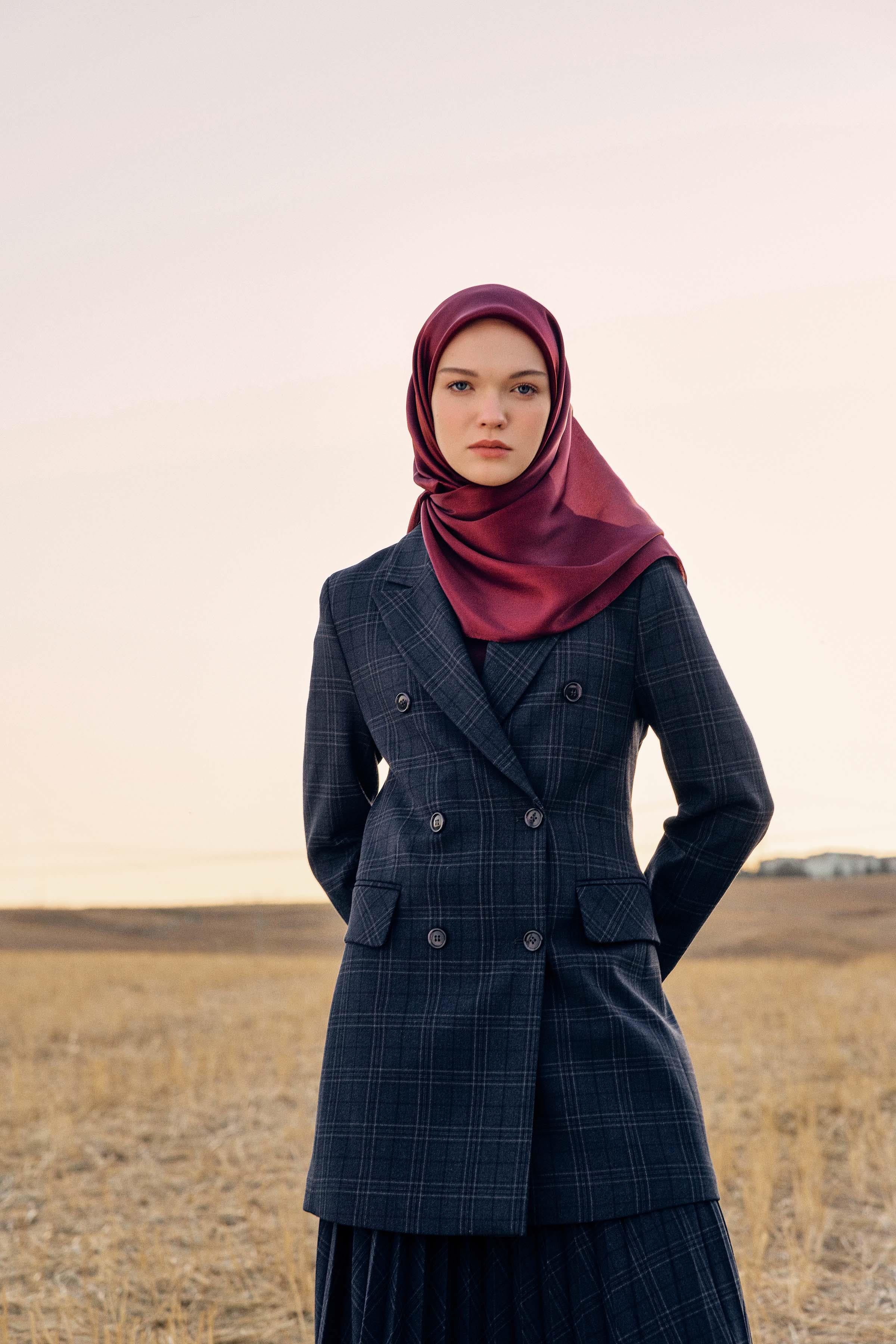 Kruvaze Düğmeli Ekose Ceket - Lacivert TUGBA