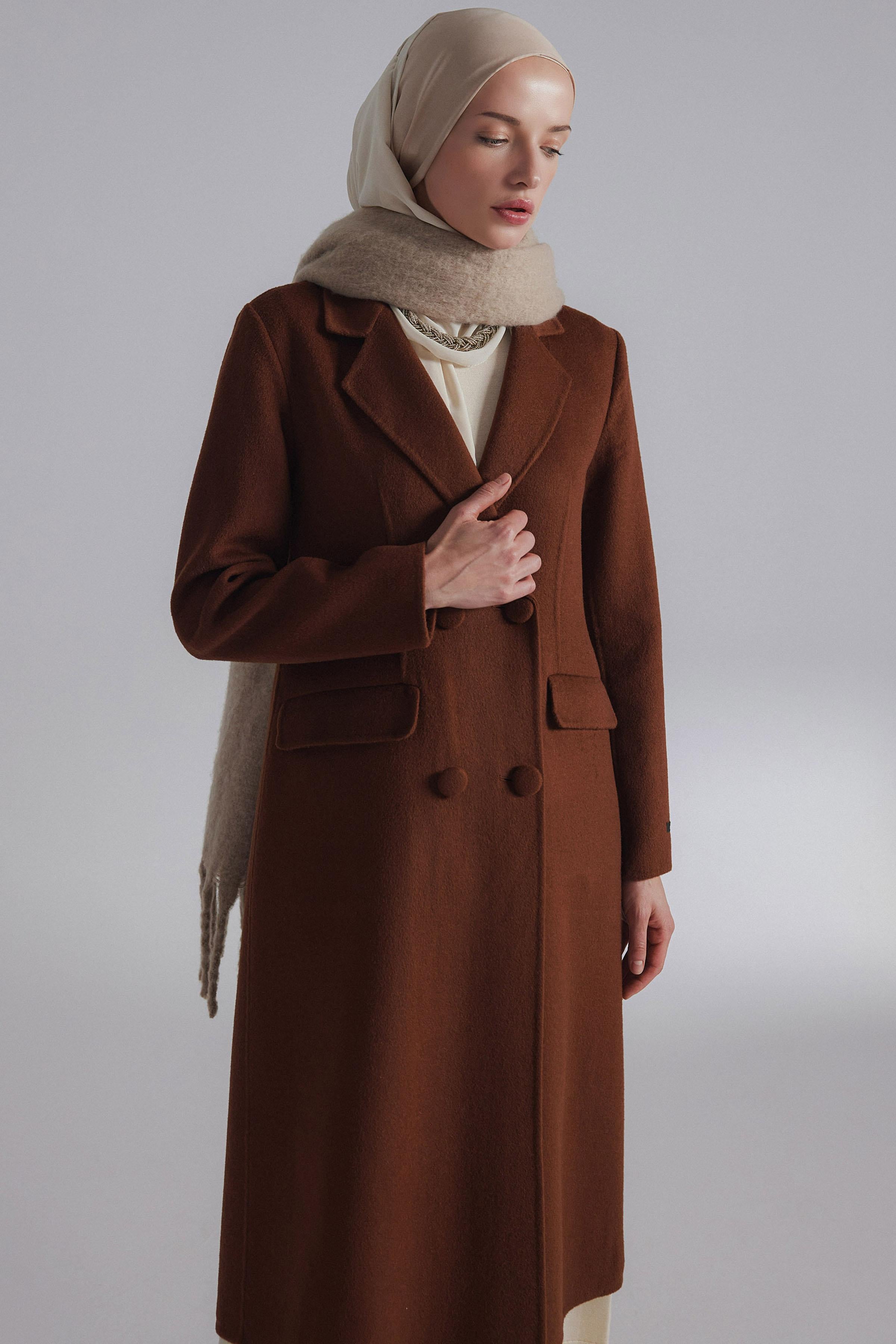 Double Yün Kruvaze Düğmeli Kaban - Tarçın TUGBA