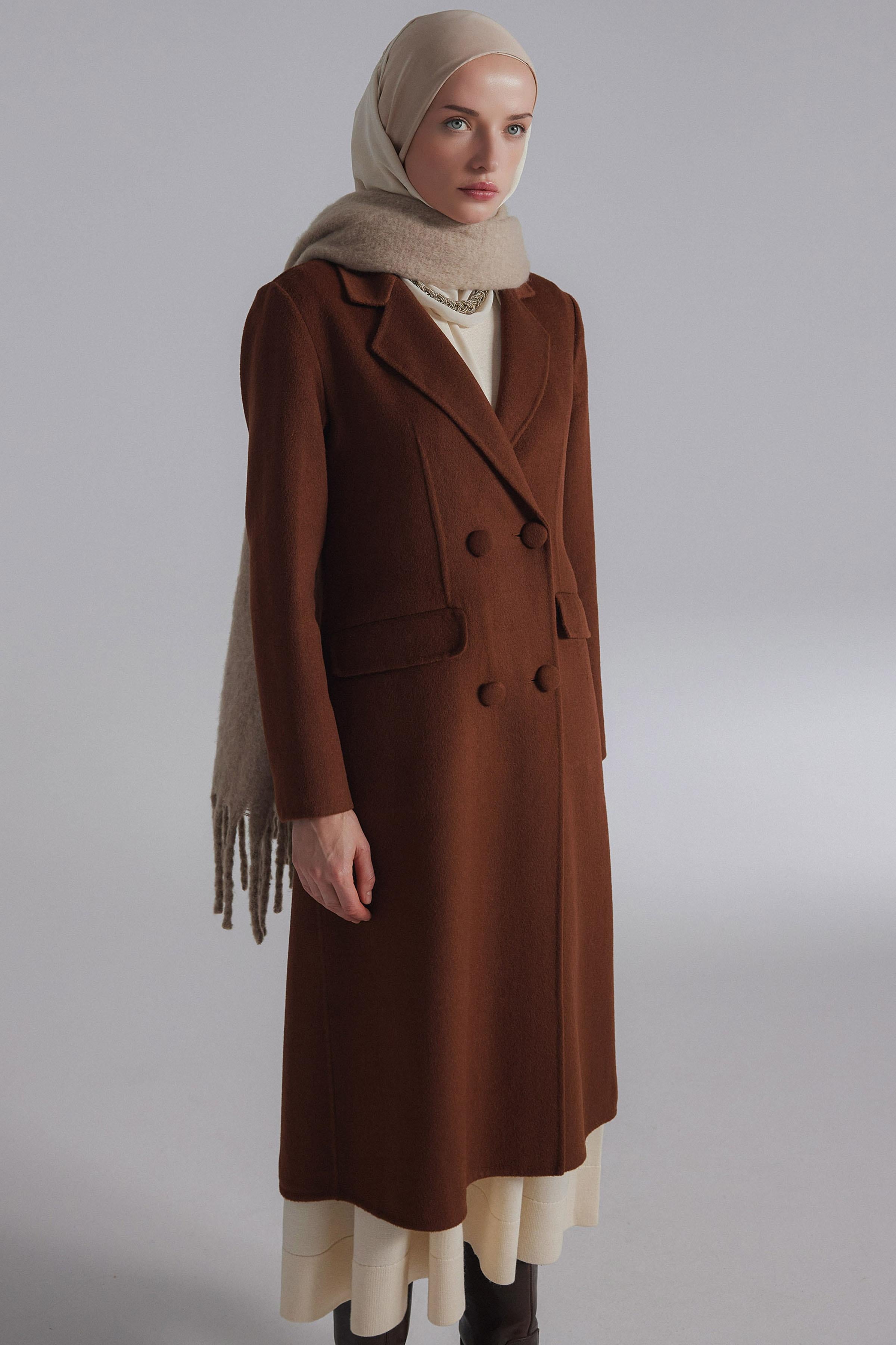 Double Yün Kruvaze Düğmeli Kaban - Tarçın TUGBA