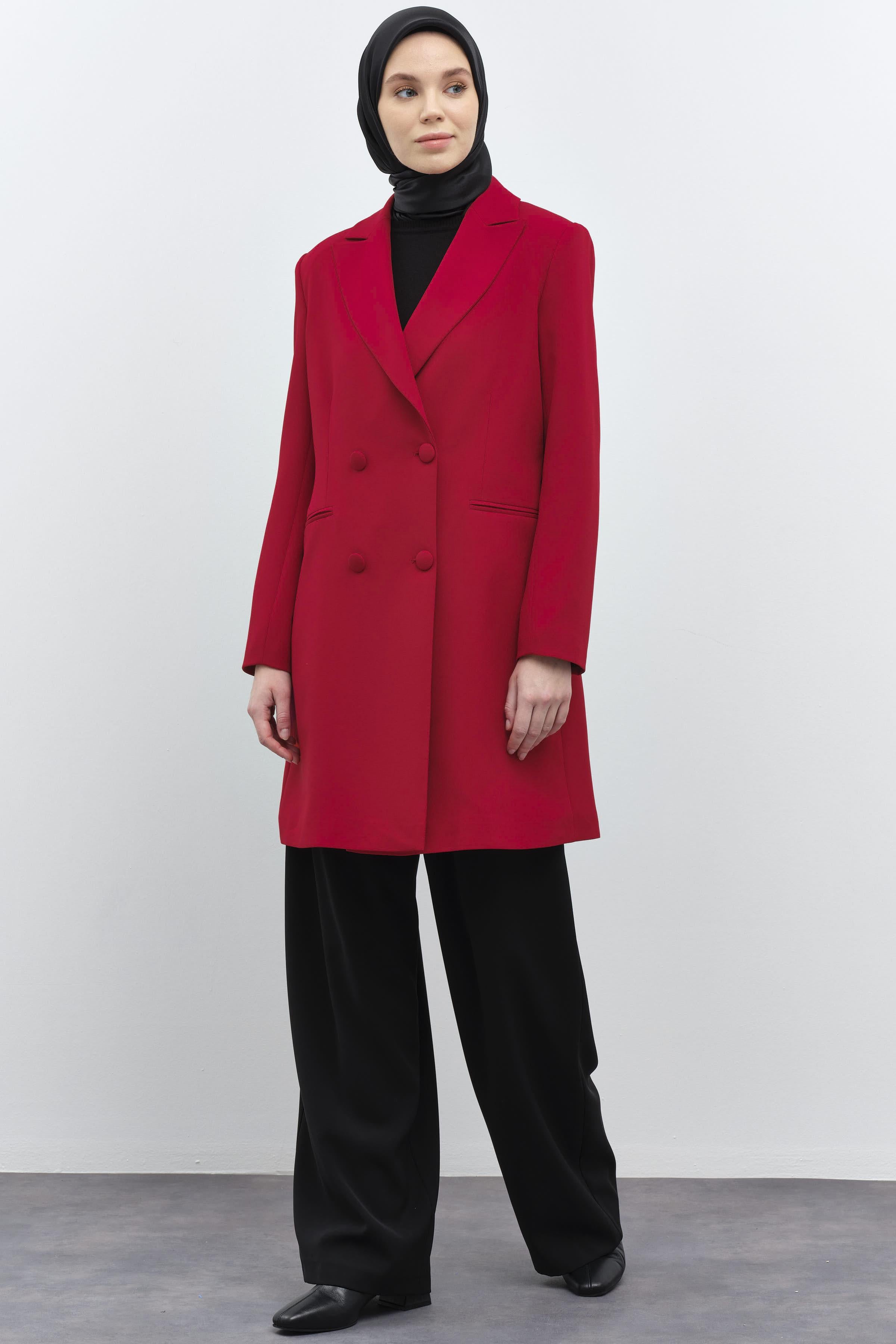 Kruvaze Düğmeli Uzun Basic Ceket - Kırmızı TUGBA