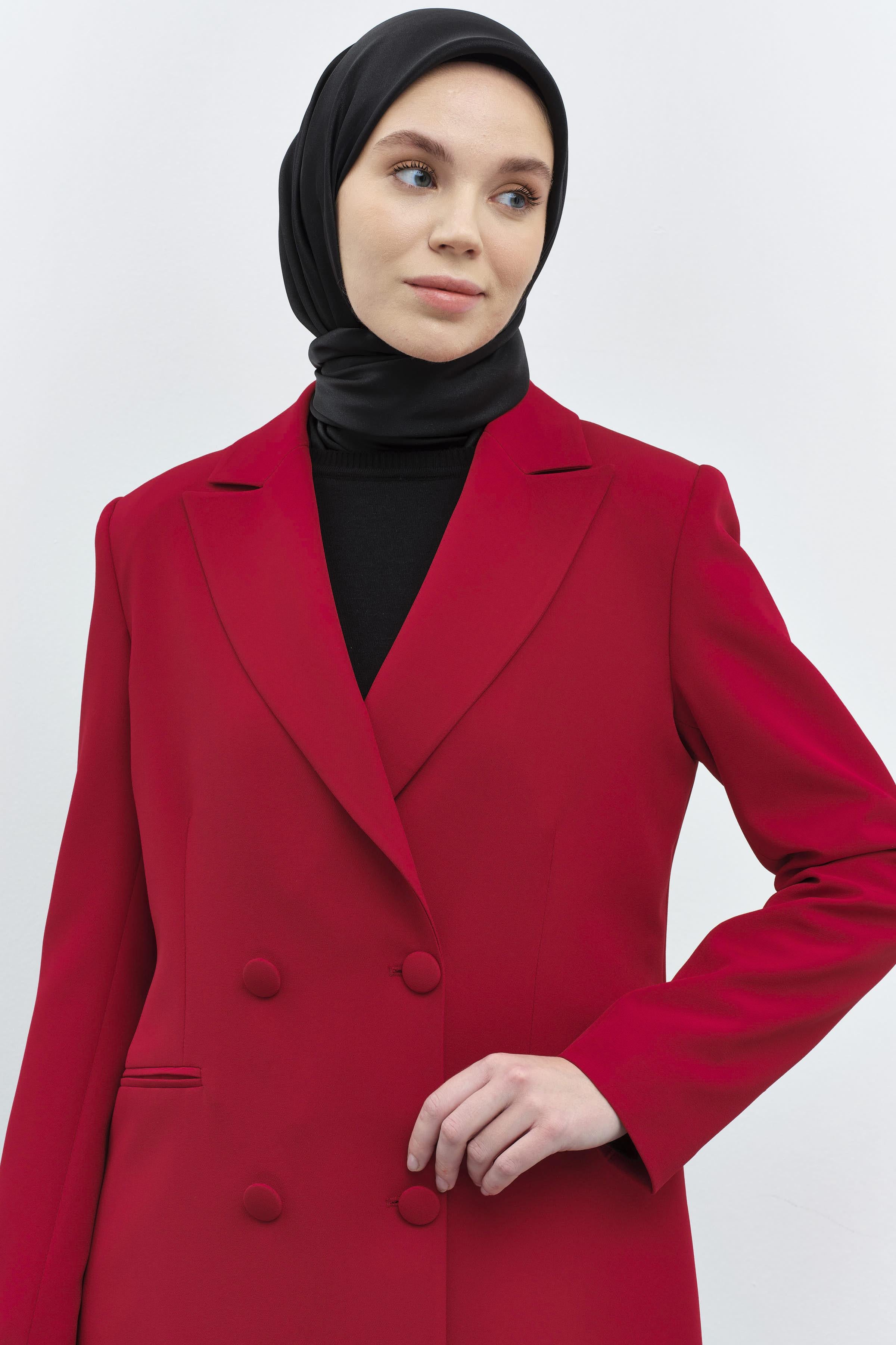 Kruvaze Düğmeli Uzun Basic Ceket - Kırmızı TUGBA