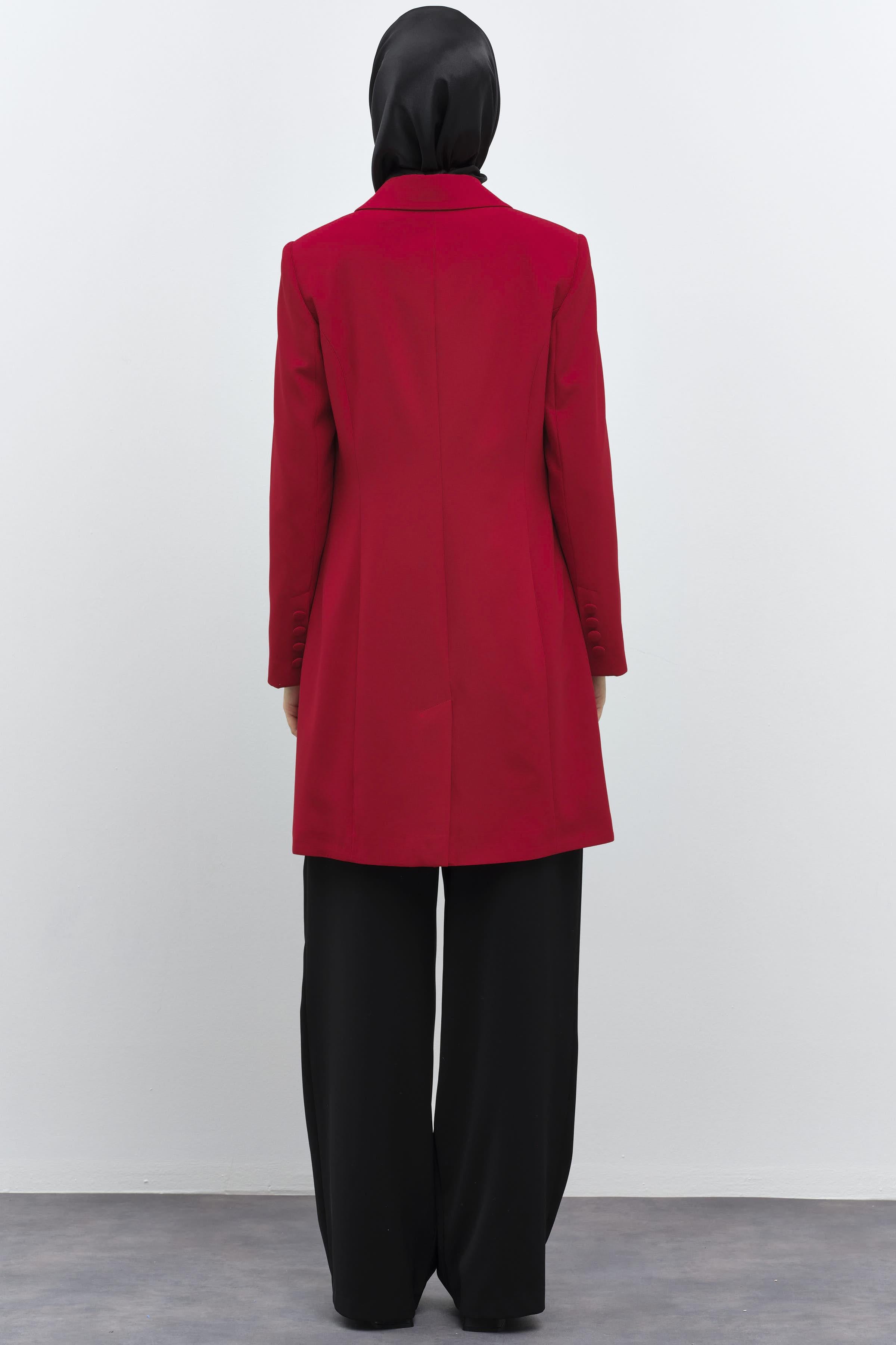 Kruvaze Düğmeli Uzun Basic Ceket - Kırmızı TUGBA