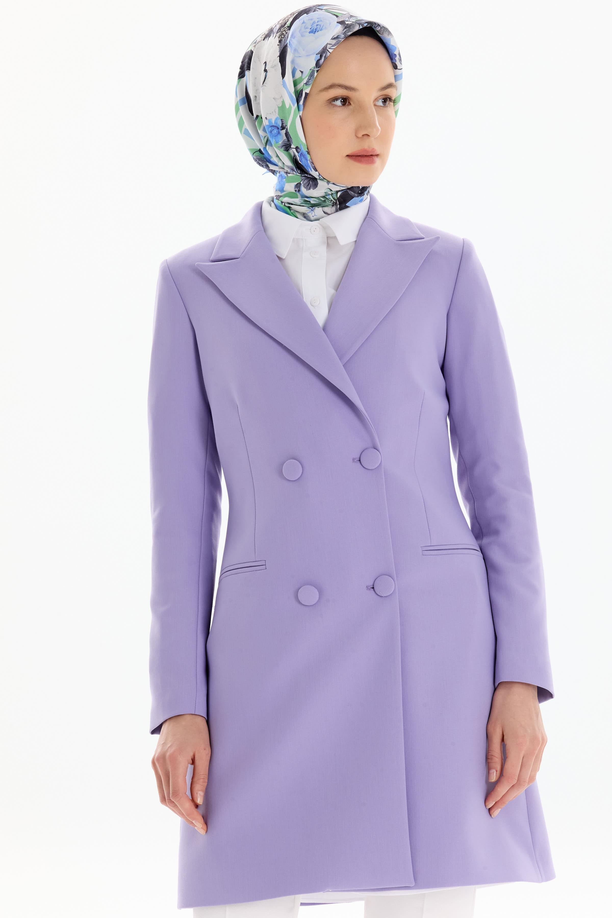 Kruvaze Düğmeli Uzun Basic Ceket - Lila TUGBA