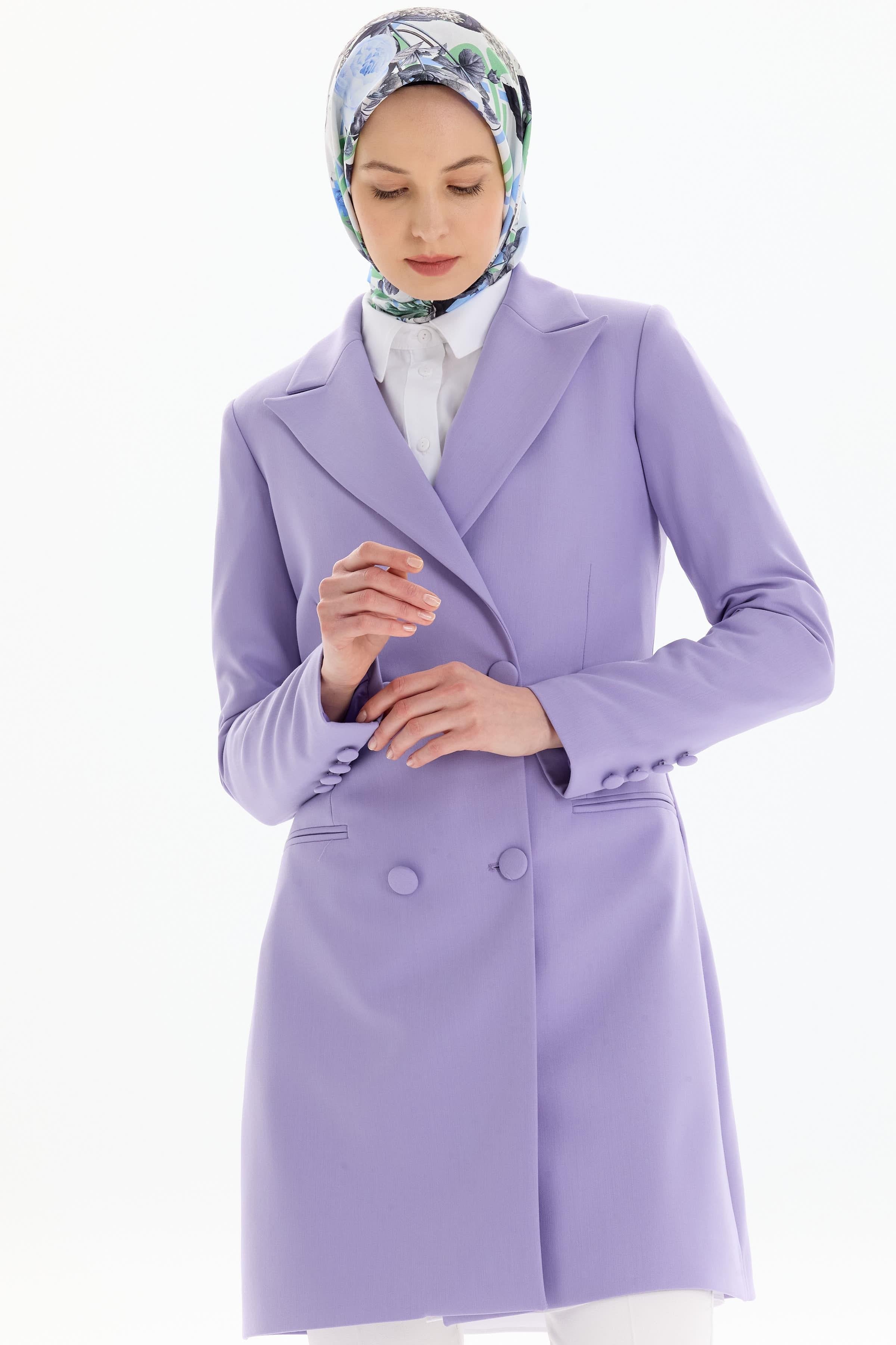 Kruvaze Düğmeli Uzun Basic Ceket - Lila TUGBA