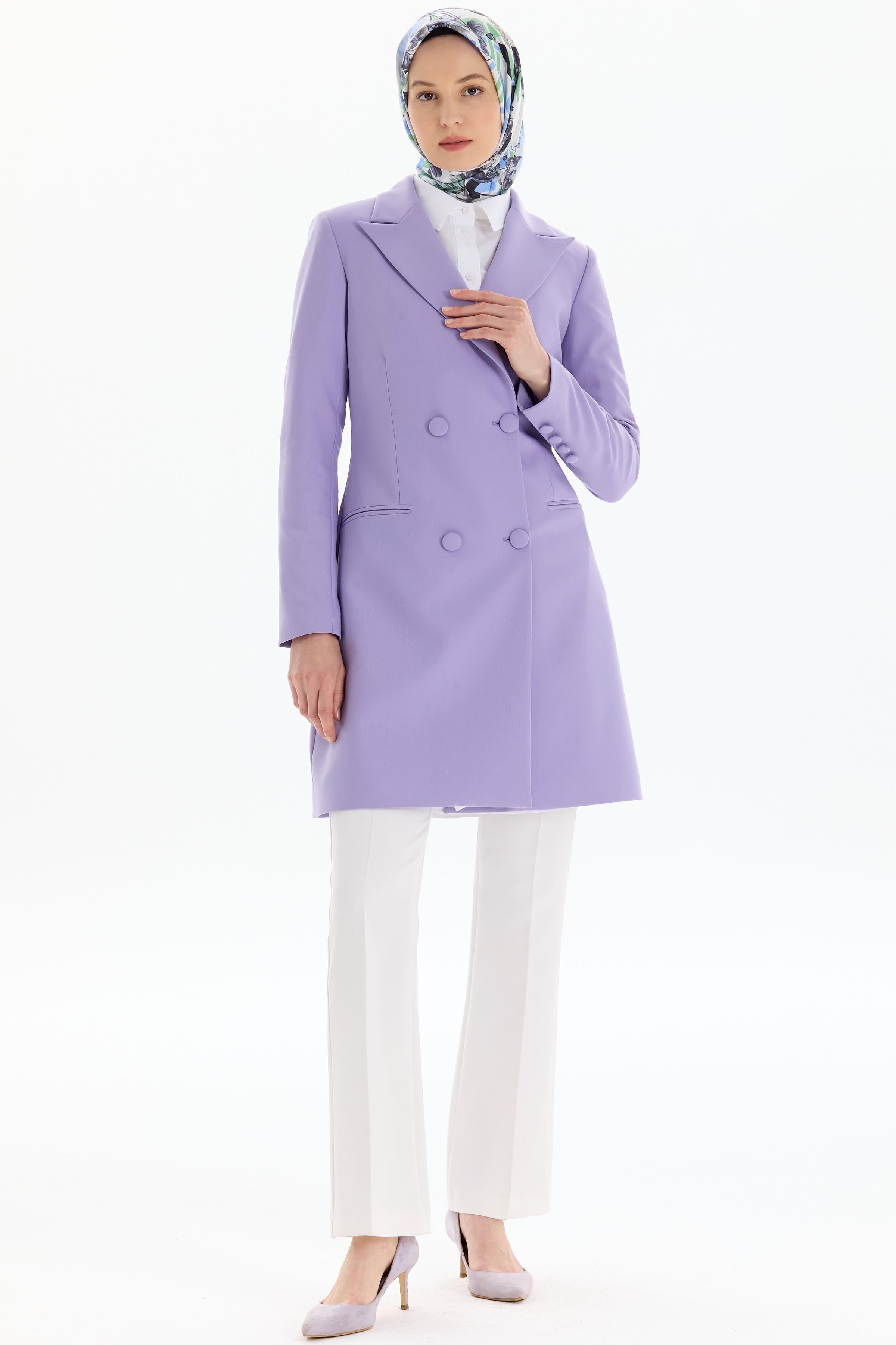 Kruvaze Düğmeli Uzun Basic Ceket - Lila TUGBA