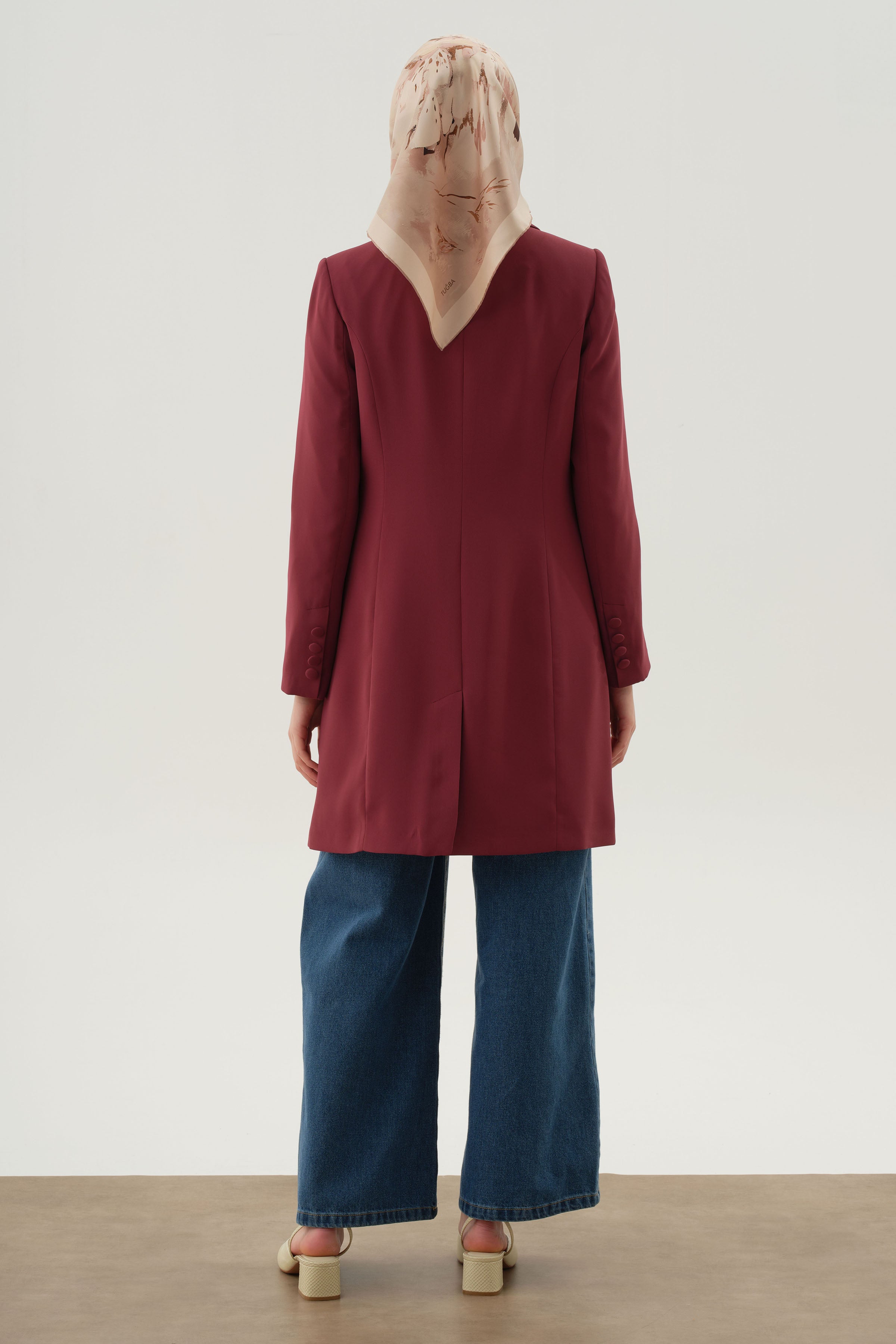 Kruvaze Düğmeli Uzun Basic Ceket - Mürdüm TUGBA