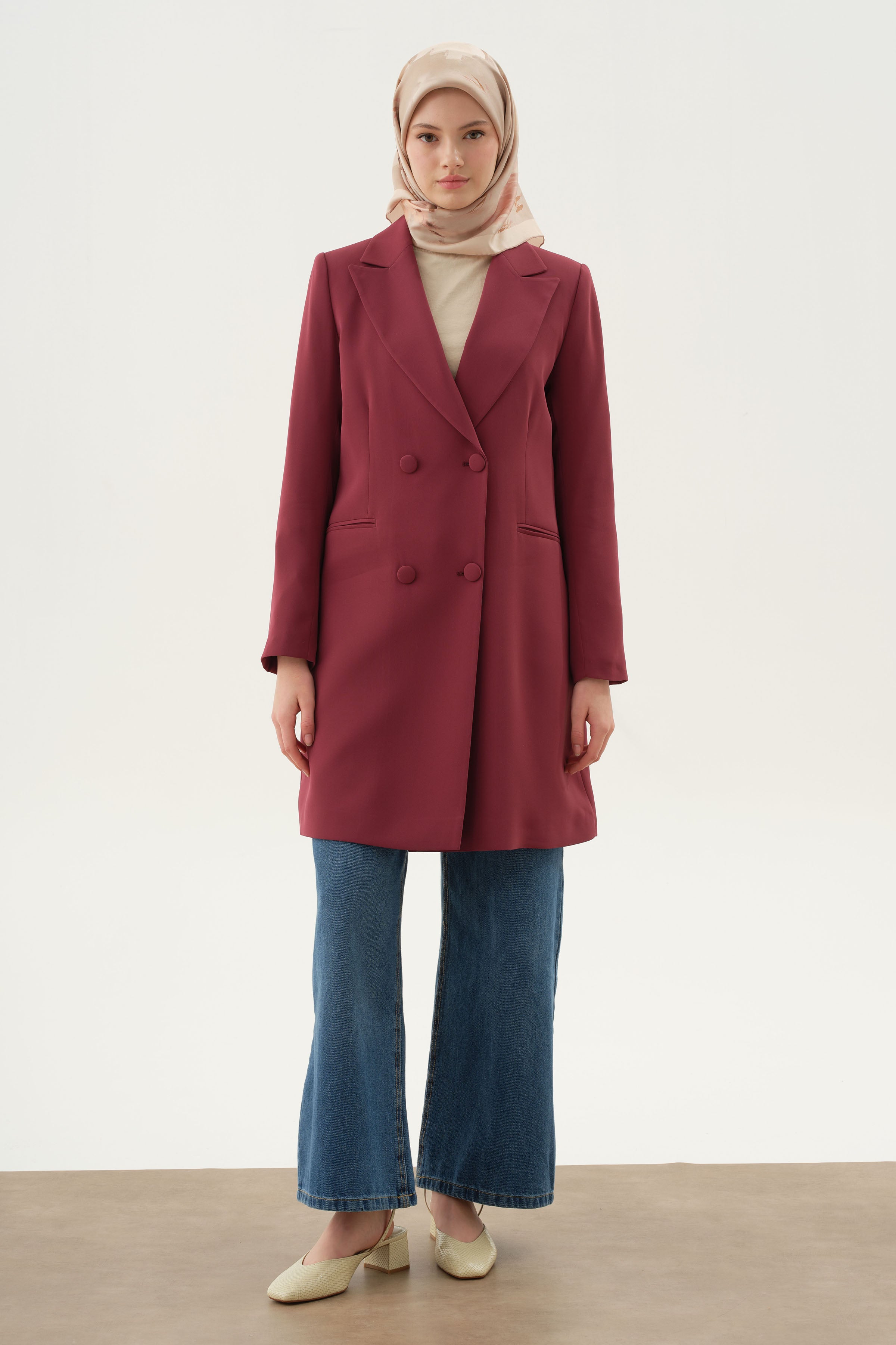Kruvaze Düğmeli Uzun Basic Ceket - Mürdüm TUGBA