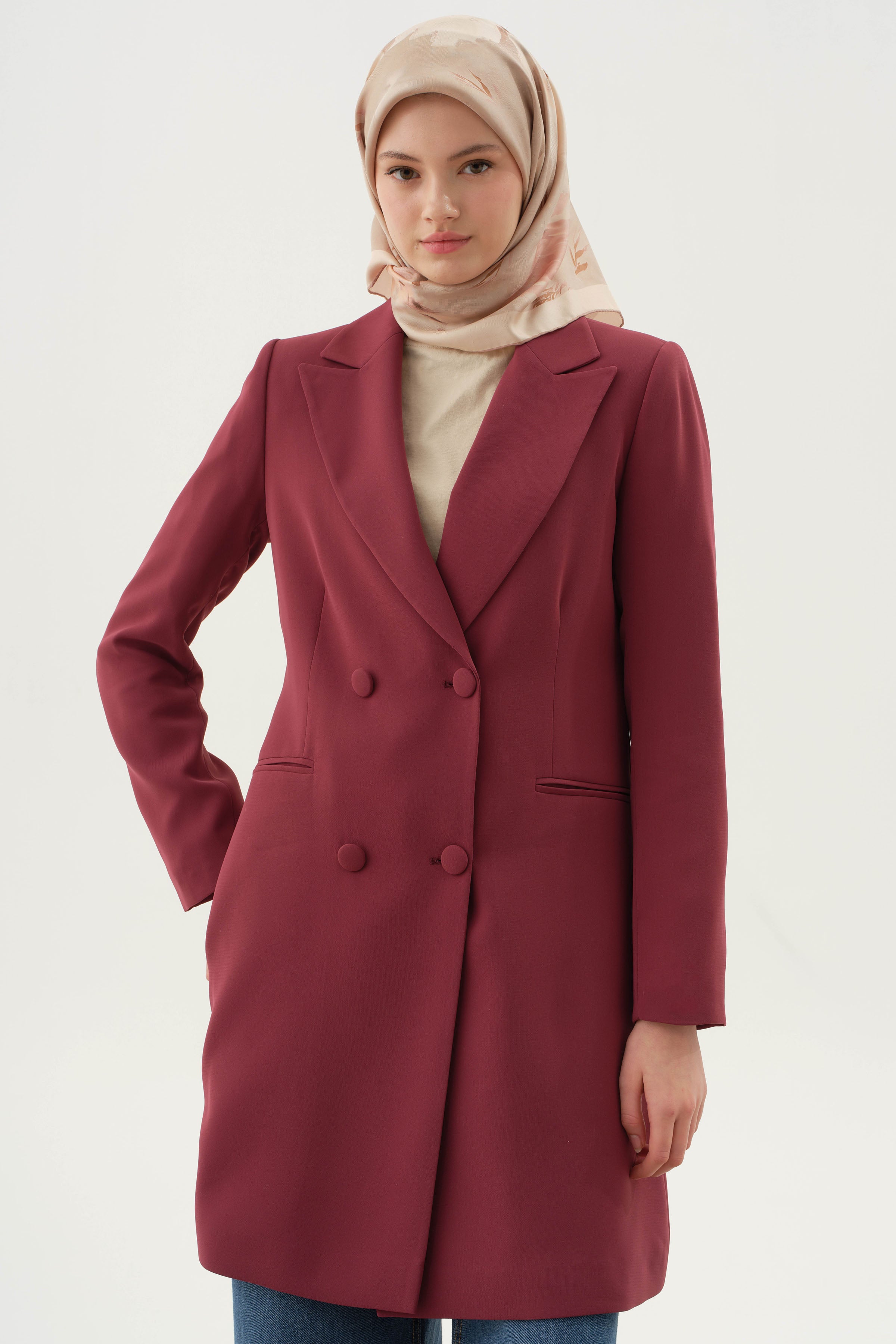 Kruvaze Düğmeli Uzun Basic Ceket - Mürdüm TUGBA