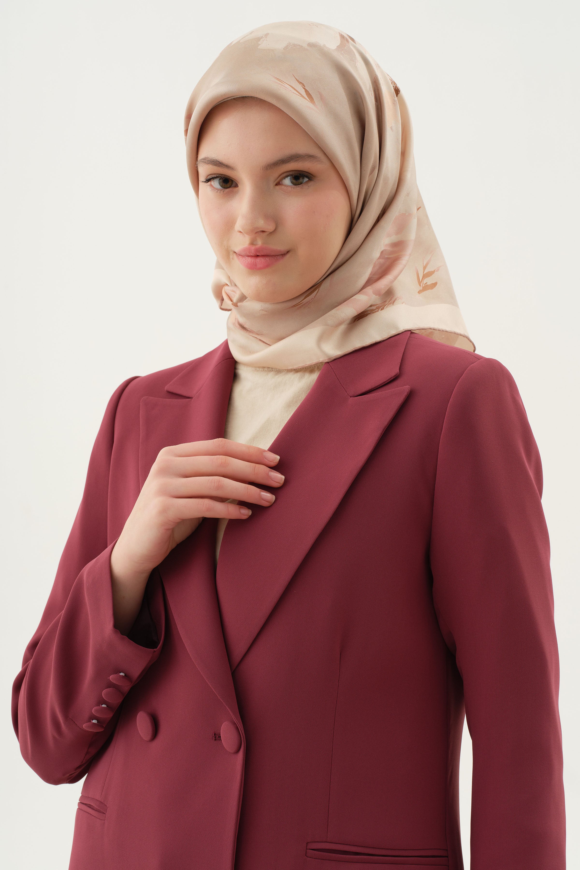 Kruvaze Düğmeli Uzun Basic Ceket - Mürdüm TUGBA