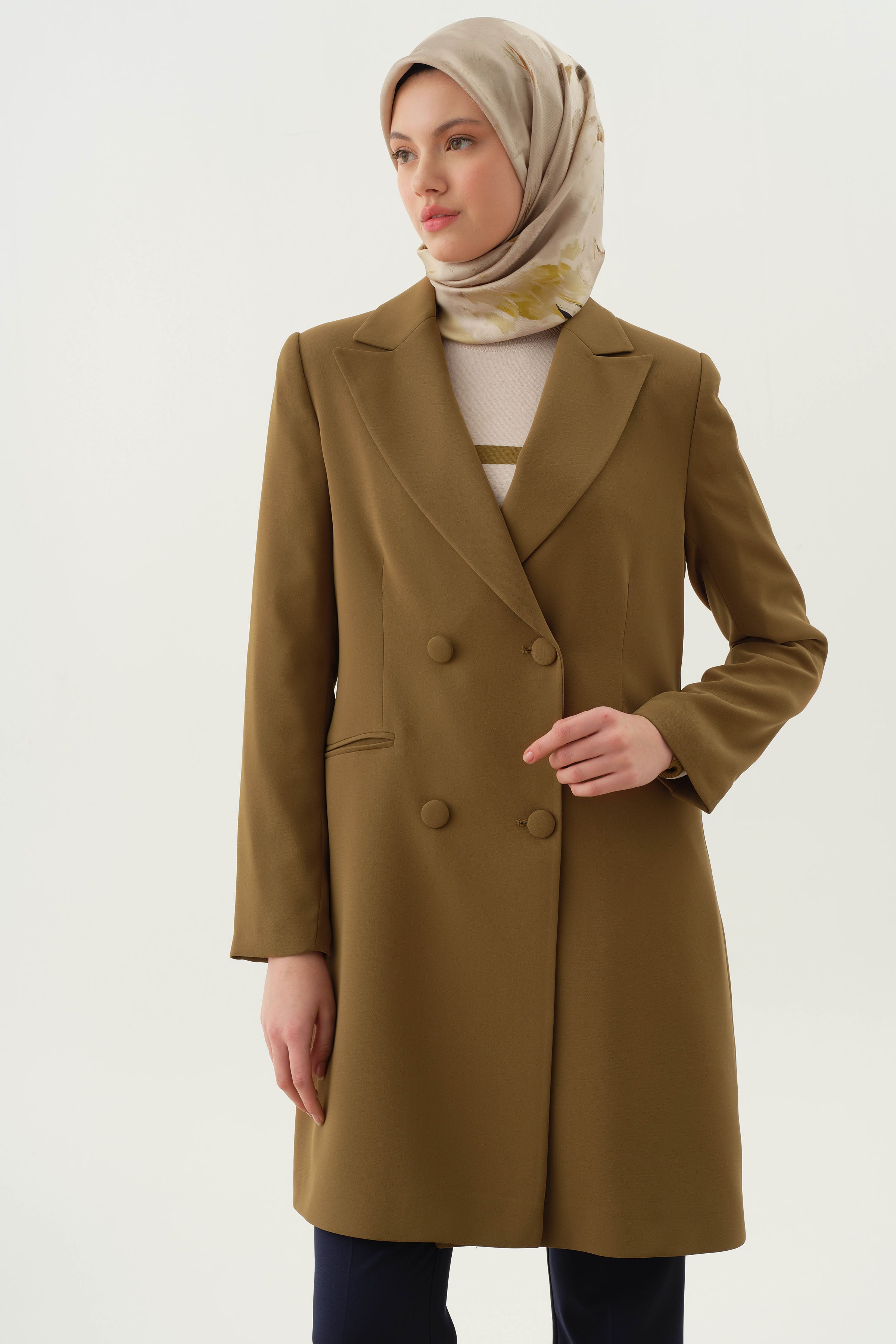 Kruvaze Düğmeli Uzun Basic Ceket - Olive TUGBA