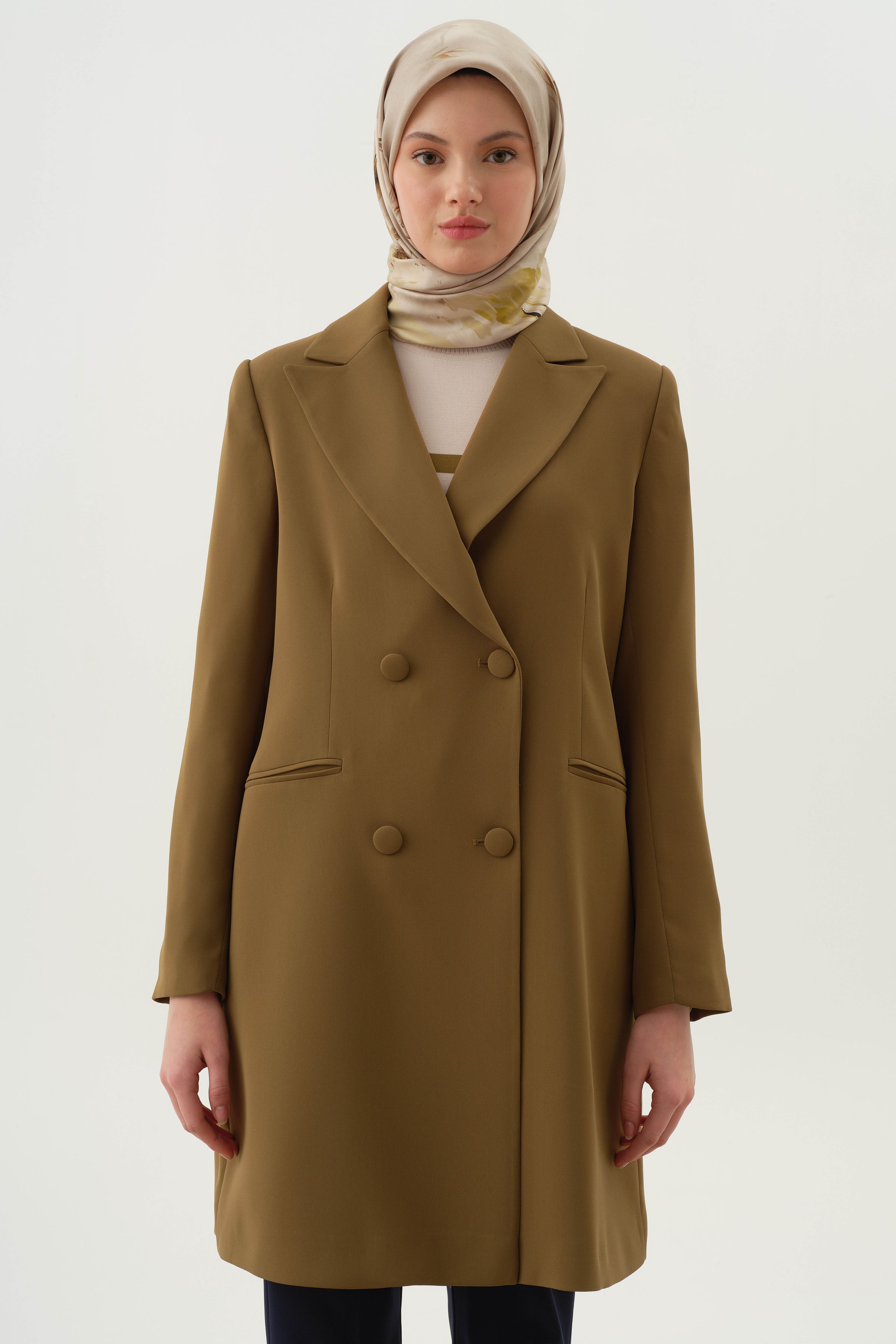 Kruvaze Düğmeli Uzun Basic Ceket - Olive TUGBA