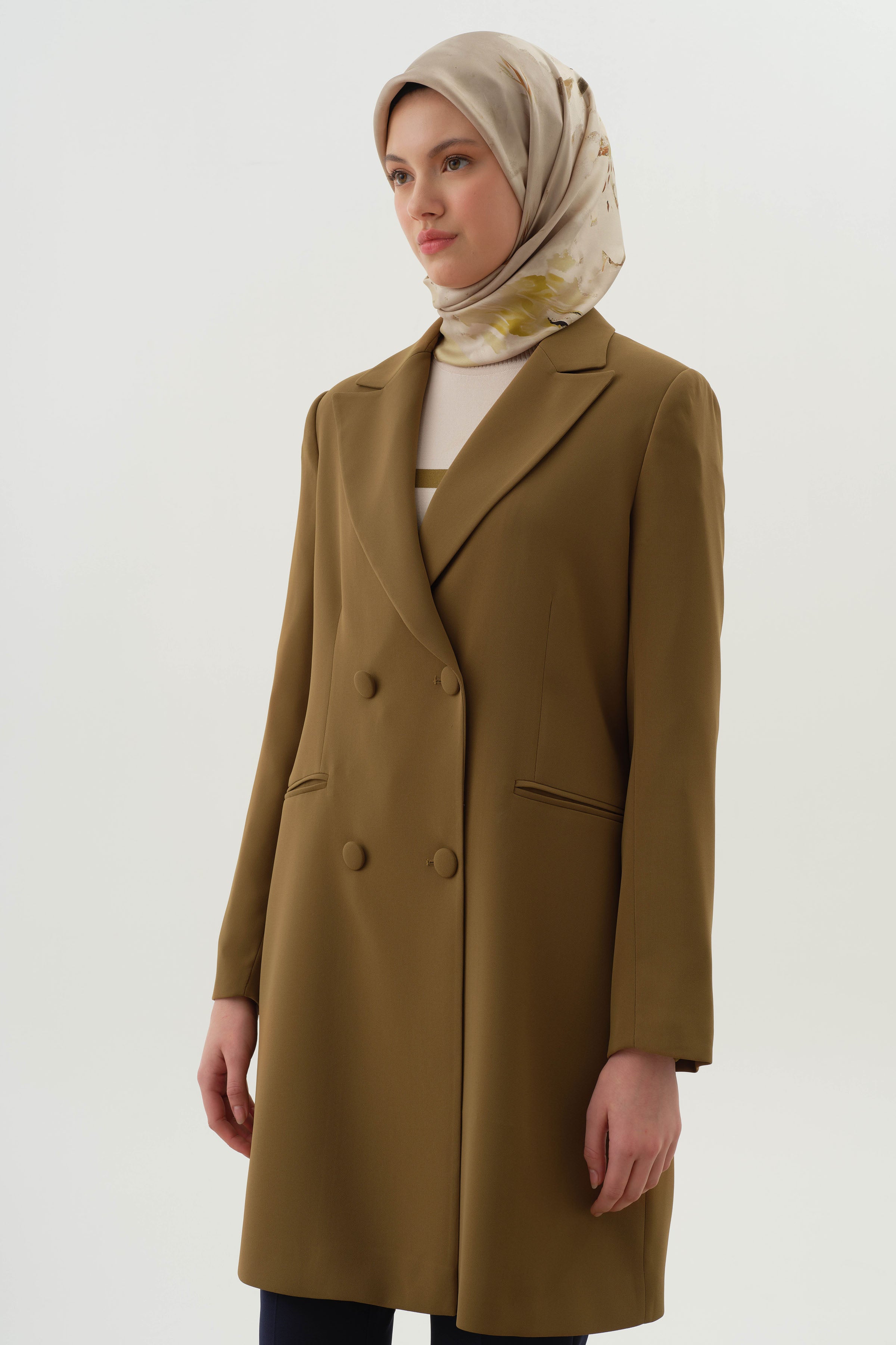 Kruvaze Düğmeli Uzun Basic Ceket - Olive TUGBA