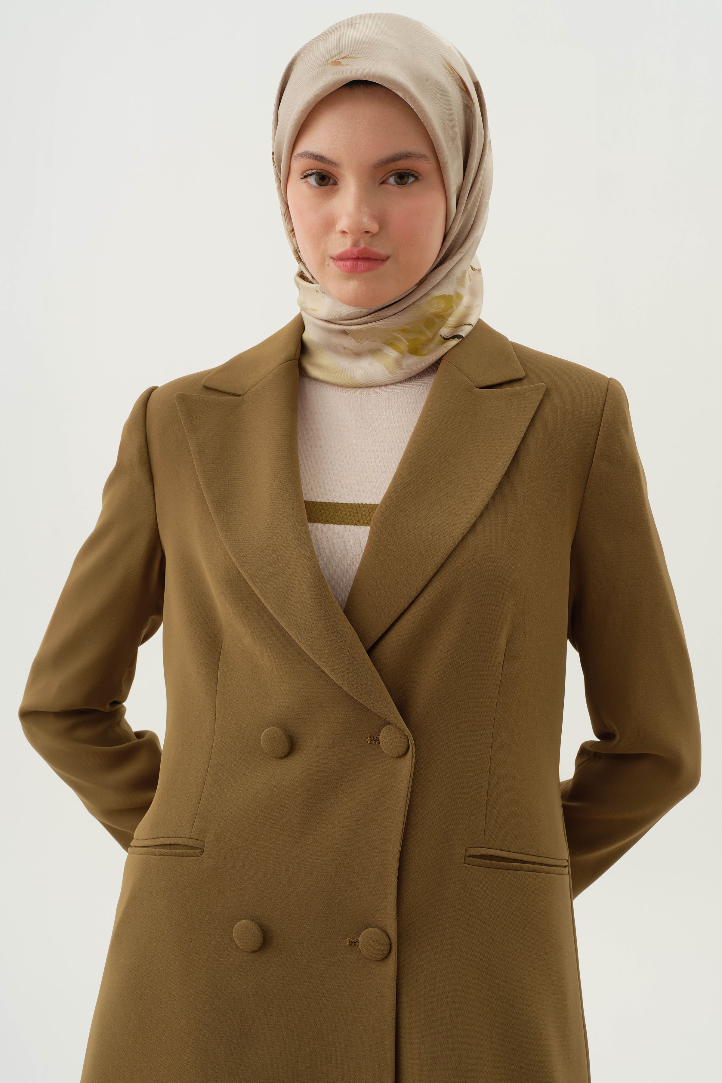 Kruvaze Düğmeli Uzun Basic Ceket - Olive TUGBA