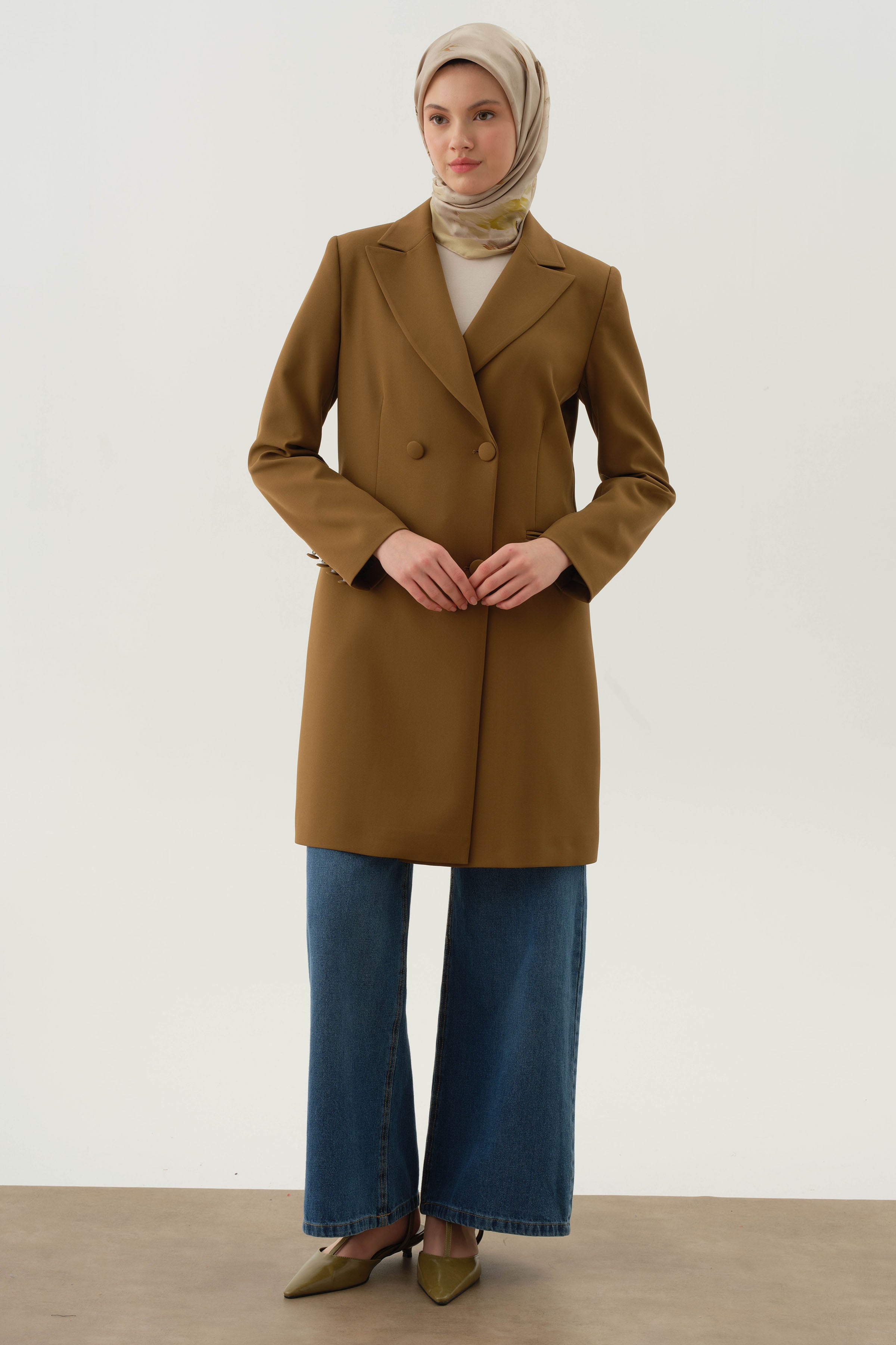 Kruvaze Düğmeli Uzun Basic Ceket - Olive TUGBA