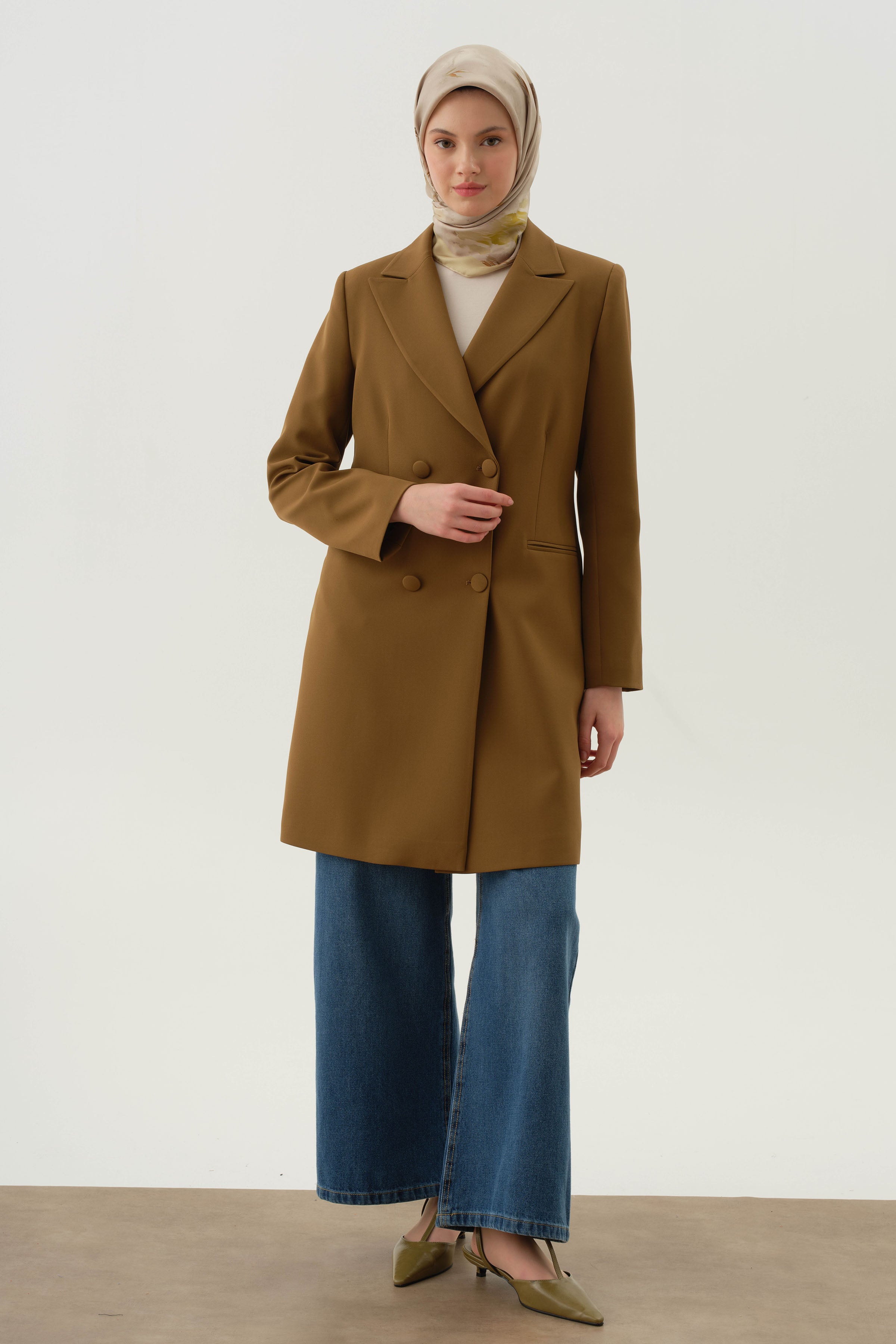 Kruvaze Düğmeli Uzun Basic Ceket - Olive TUGBA