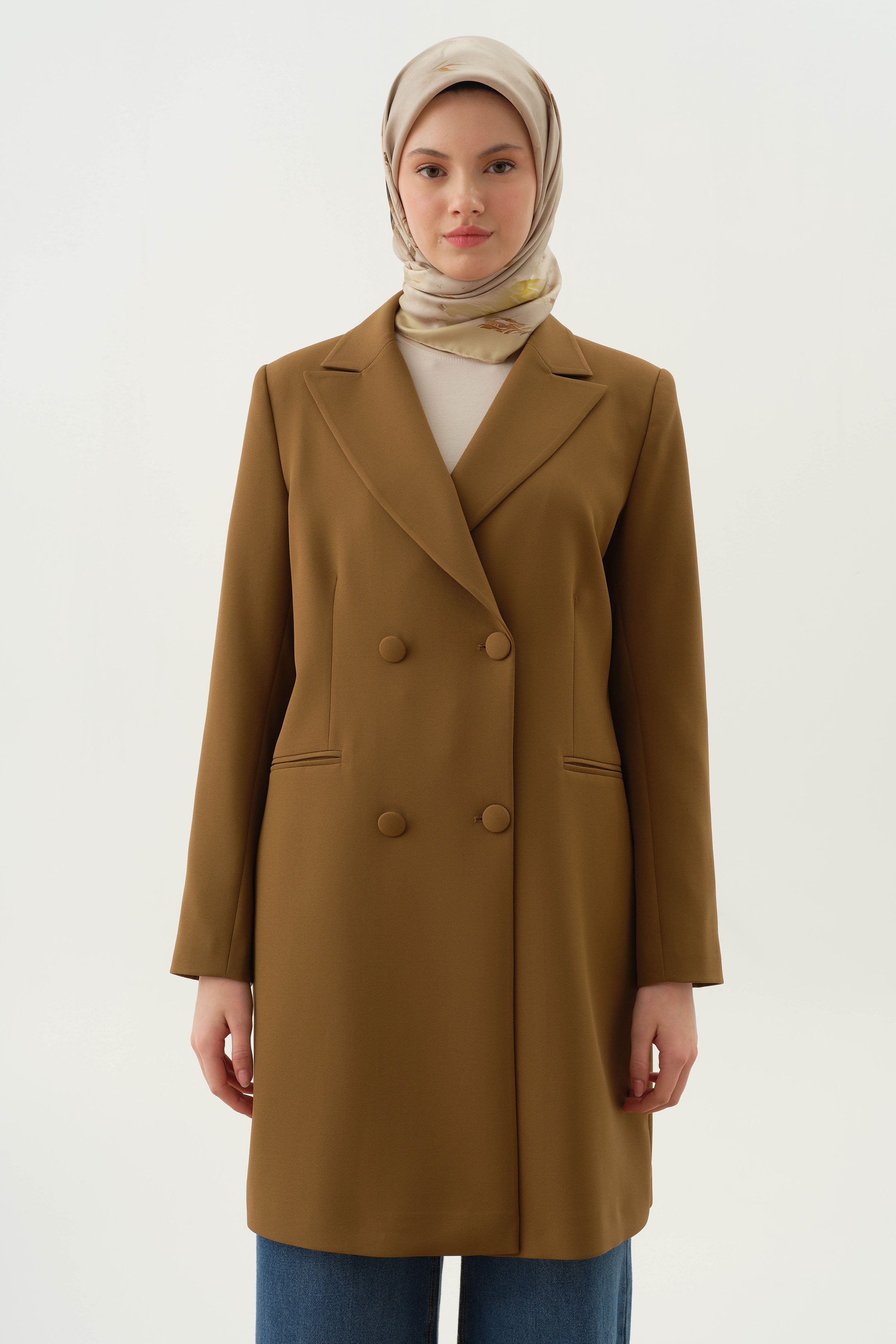 Kruvaze Düğmeli Uzun Basic Ceket - Olive TUGBA