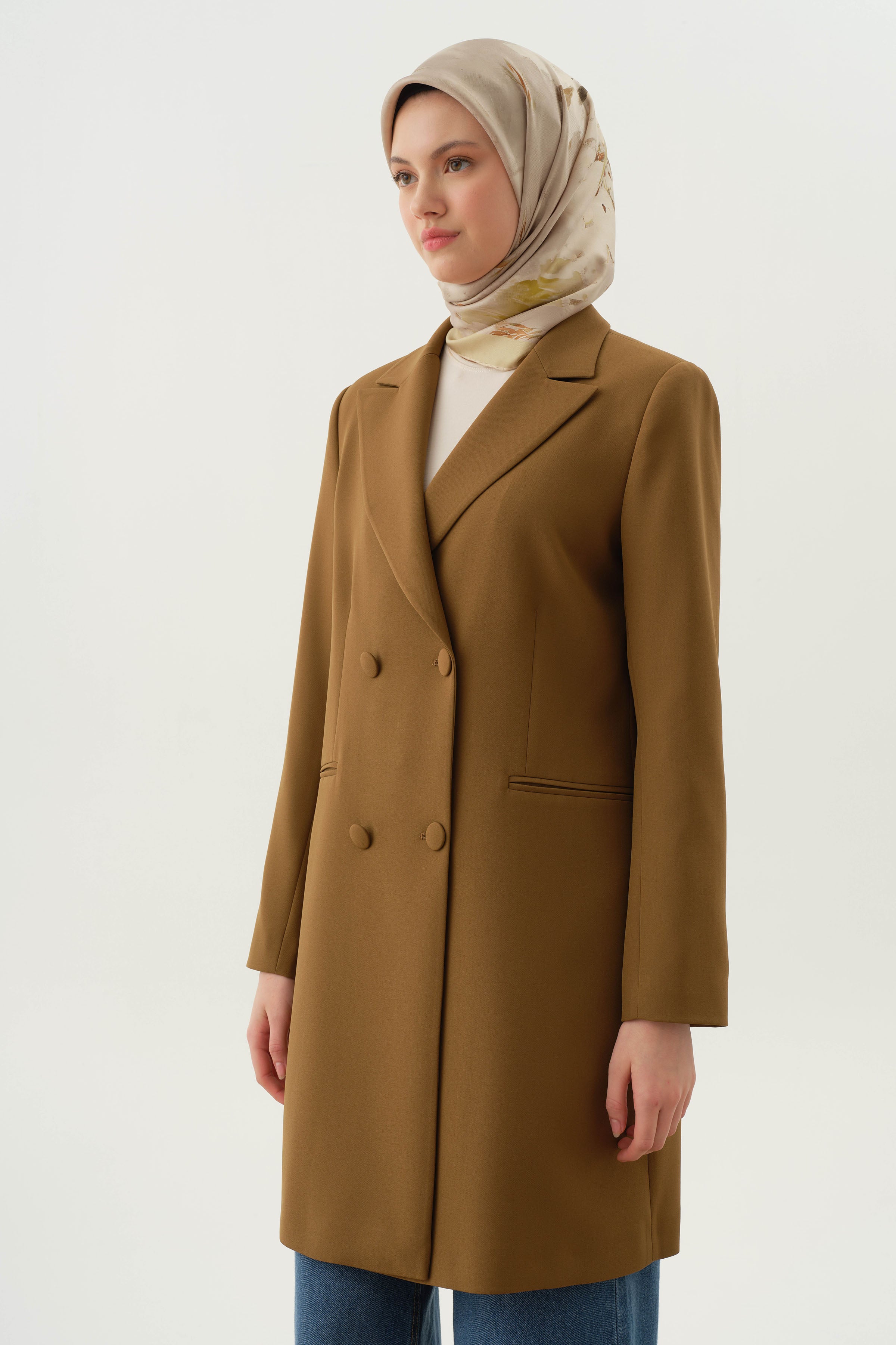 Kruvaze Düğmeli Uzun Basic Ceket - Olive TUGBA