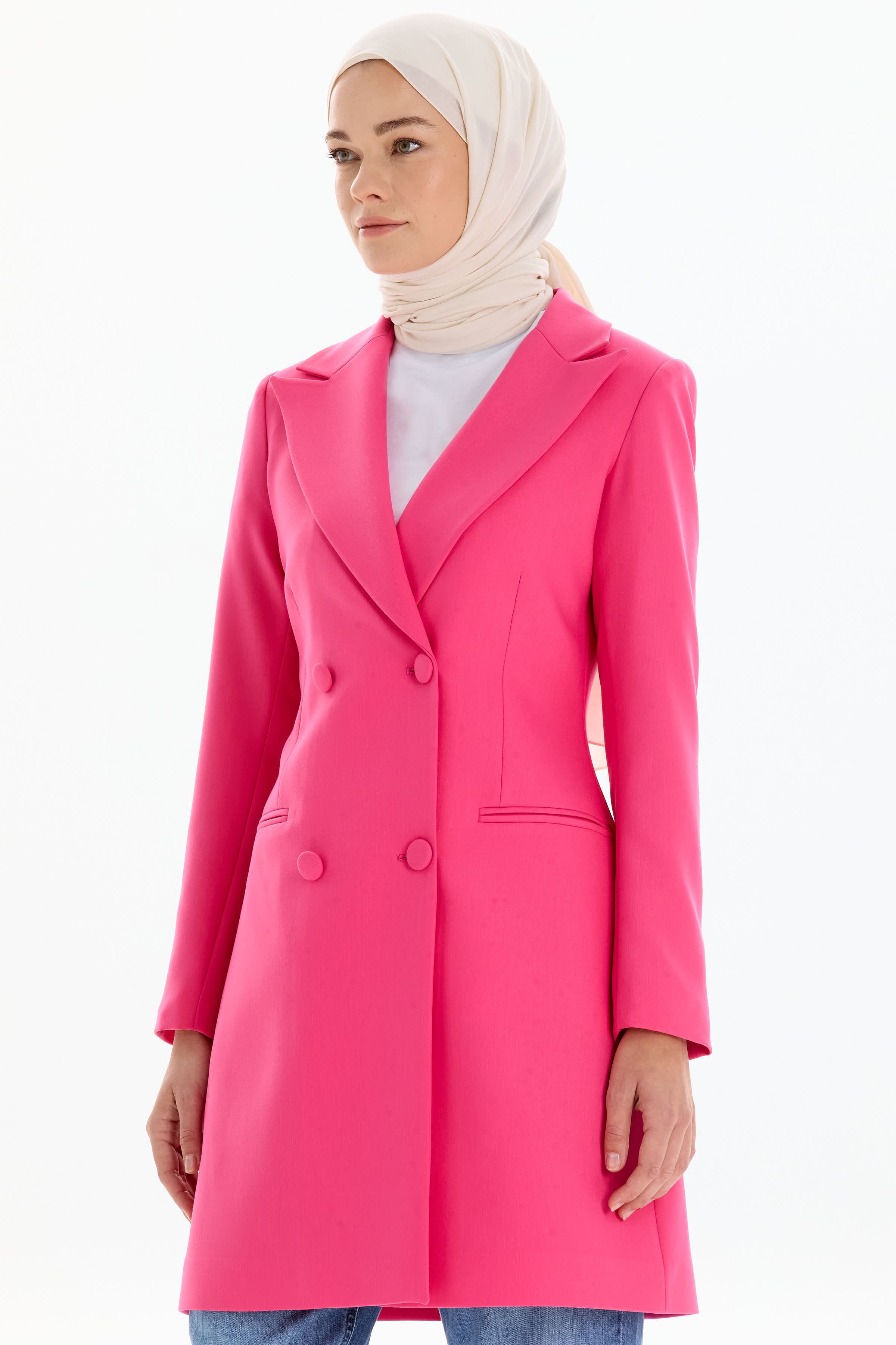 Kruvaze Düğmeli Uzun Basic Ceket - Pembe TUGBA