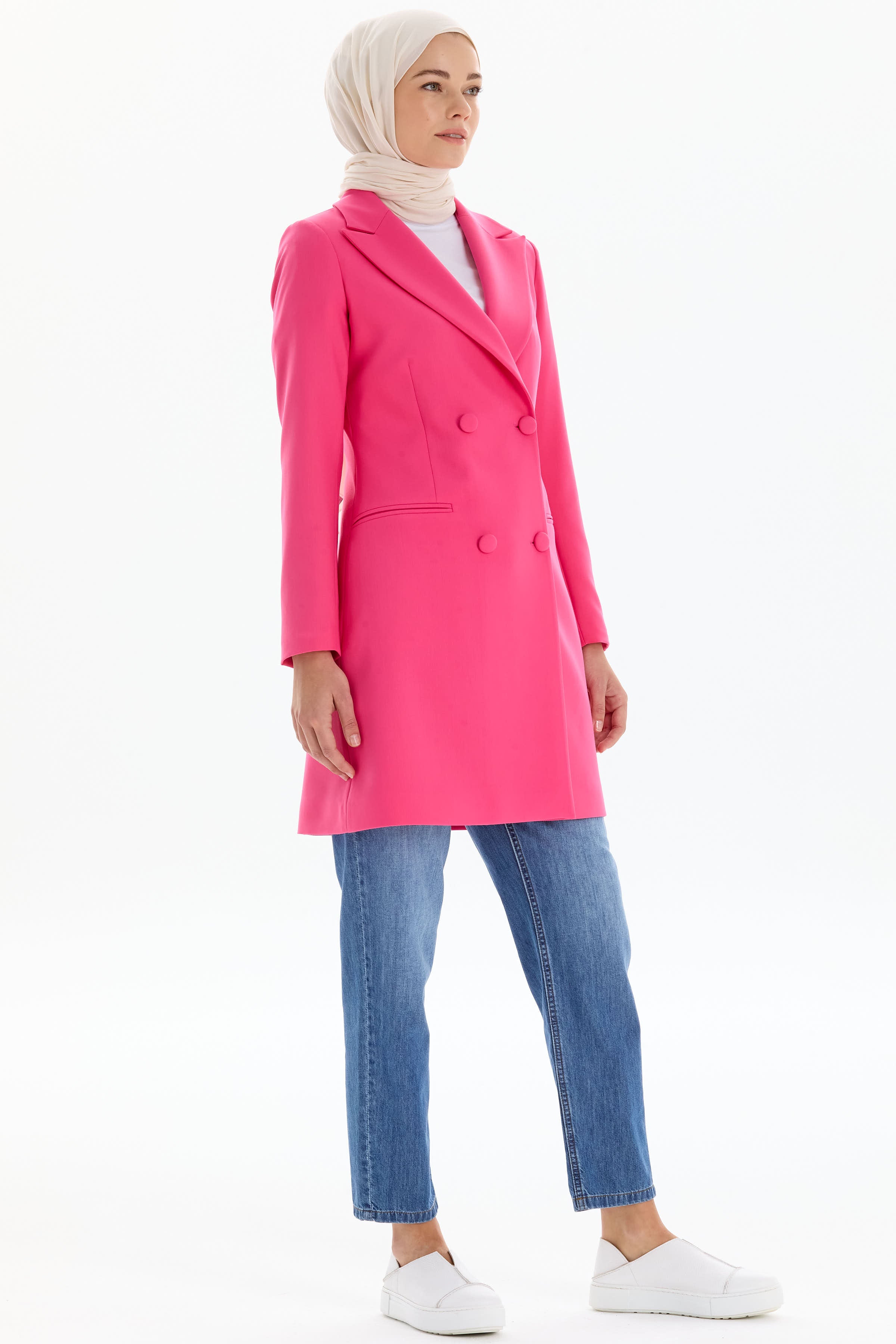Kruvaze Düğmeli Uzun Basic Ceket - Pembe TUGBA