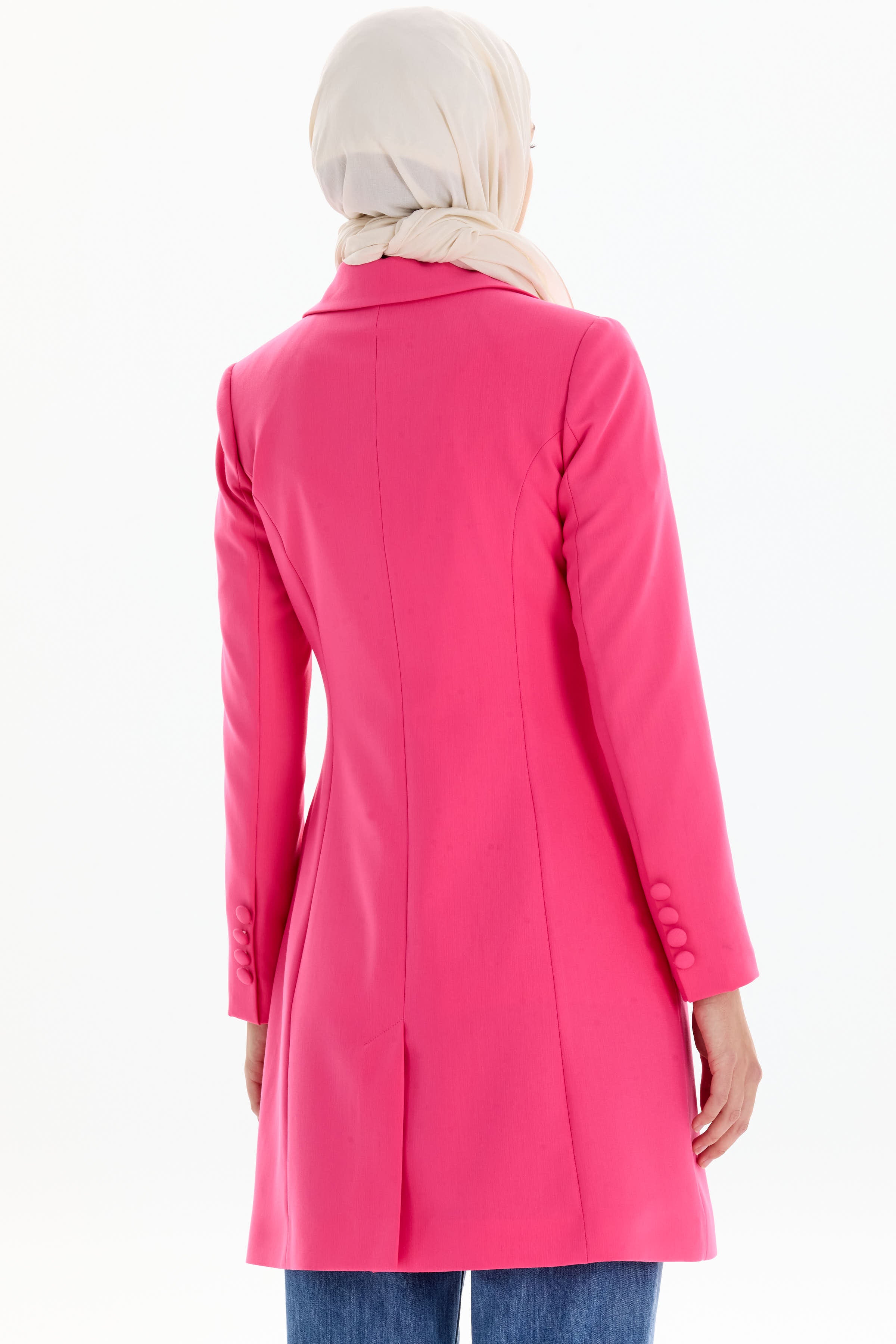 Kruvaze Düğmeli Uzun Basic Ceket - Pembe TUGBA