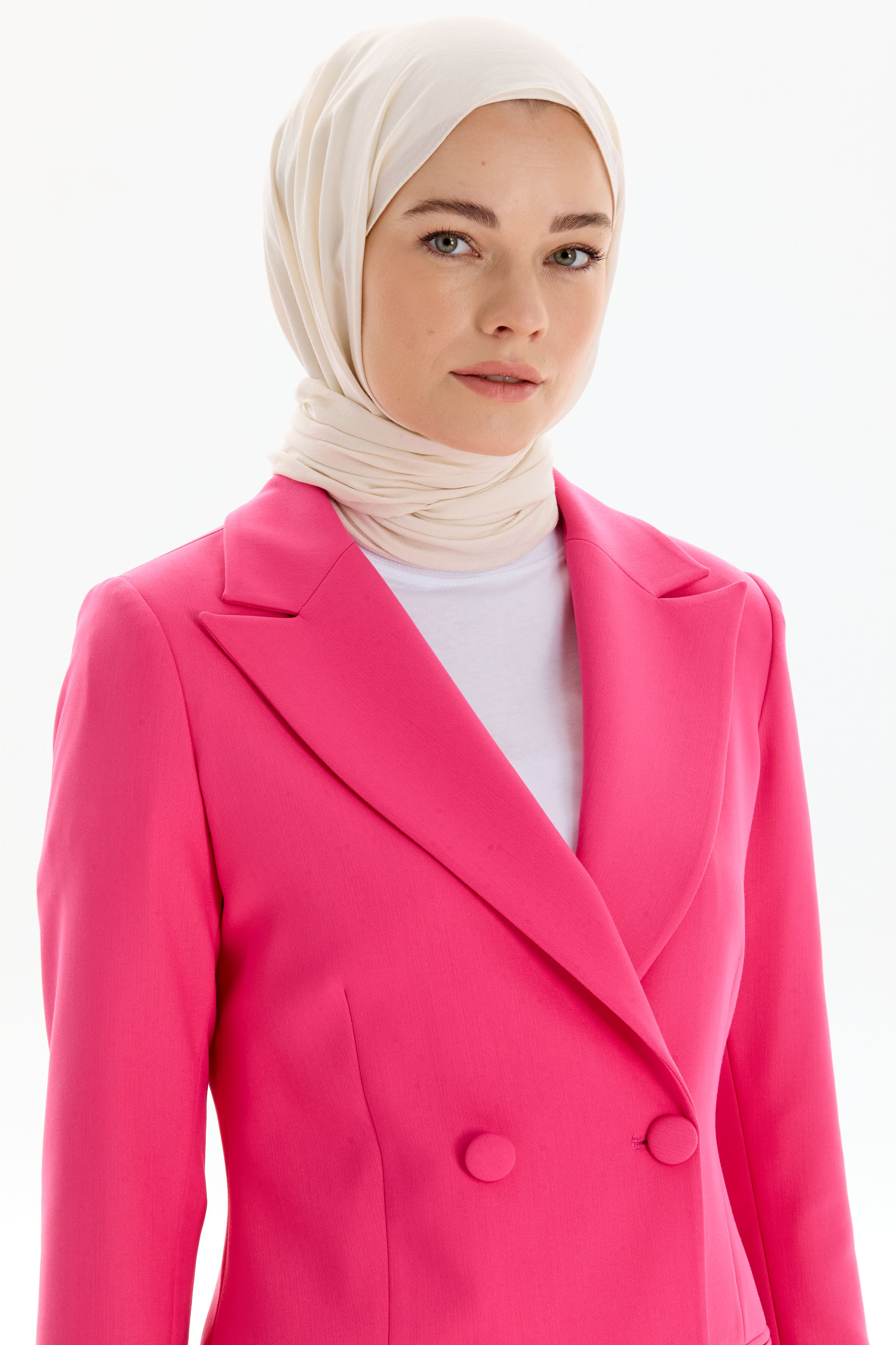 Kruvaze Düğmeli Uzun Basic Ceket - Pembe TUGBA