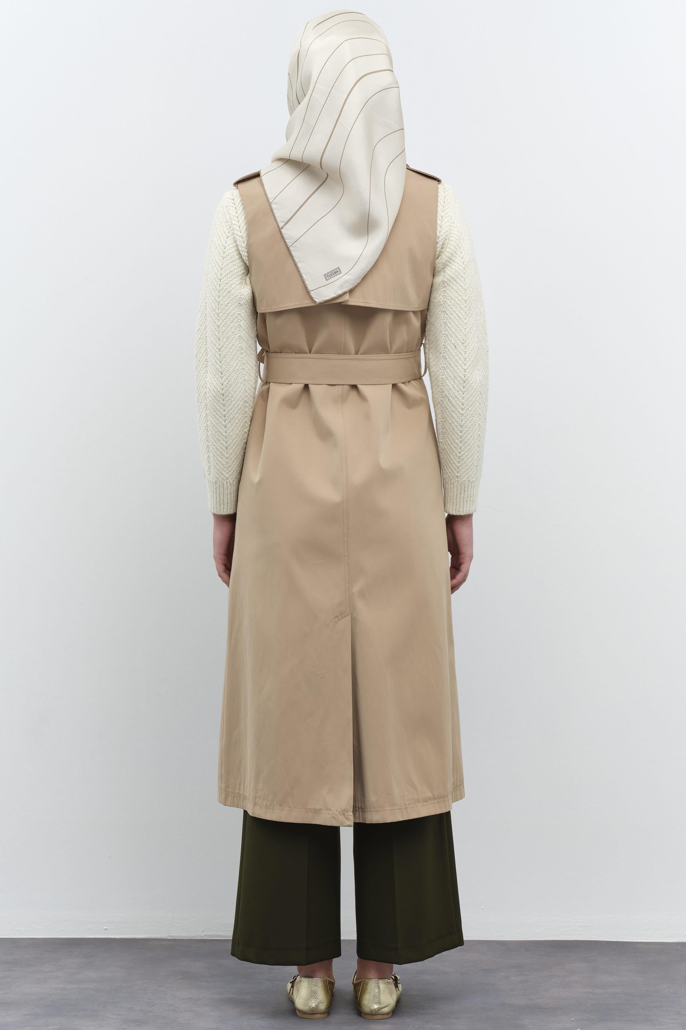 Kruvaze Düğmeli Uzun Yelek - Bej TUGBA